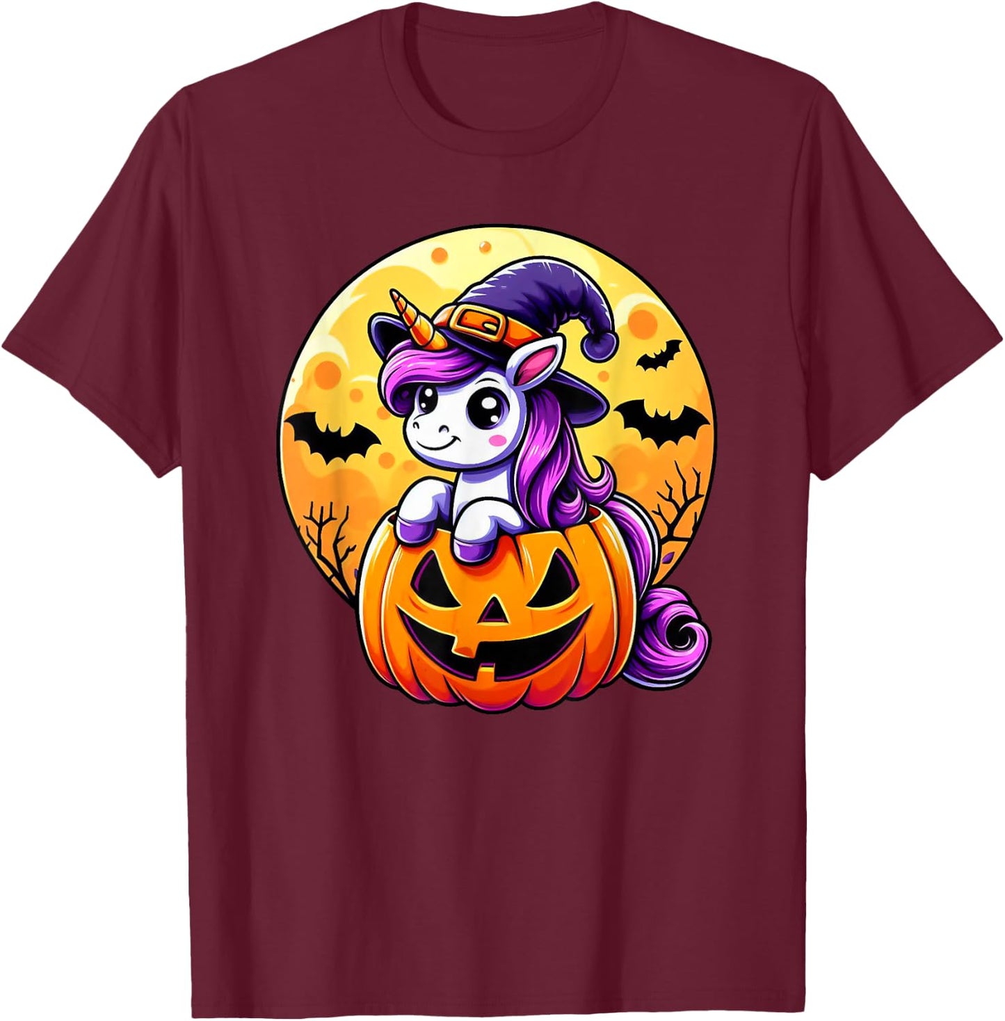 Halloween Cute Unicorn Witch Hat Pumpkin Funny For Kid Girl T-Shirt - T-Shirt | Maroon