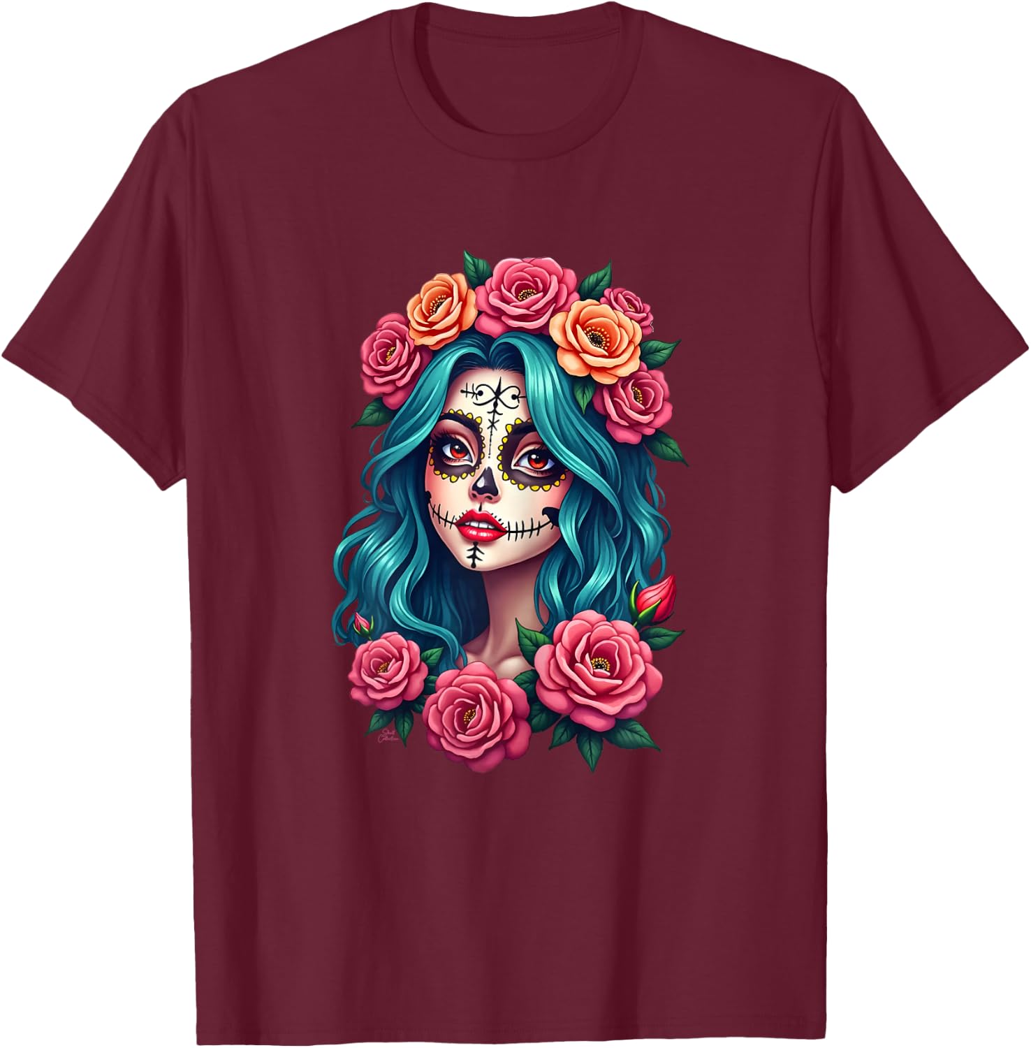 Dia de los Muertos Head Mexican Woman Mexico Sugar Skull , Black, Female X-Small T-Shirt - T-Shirt | Maroon