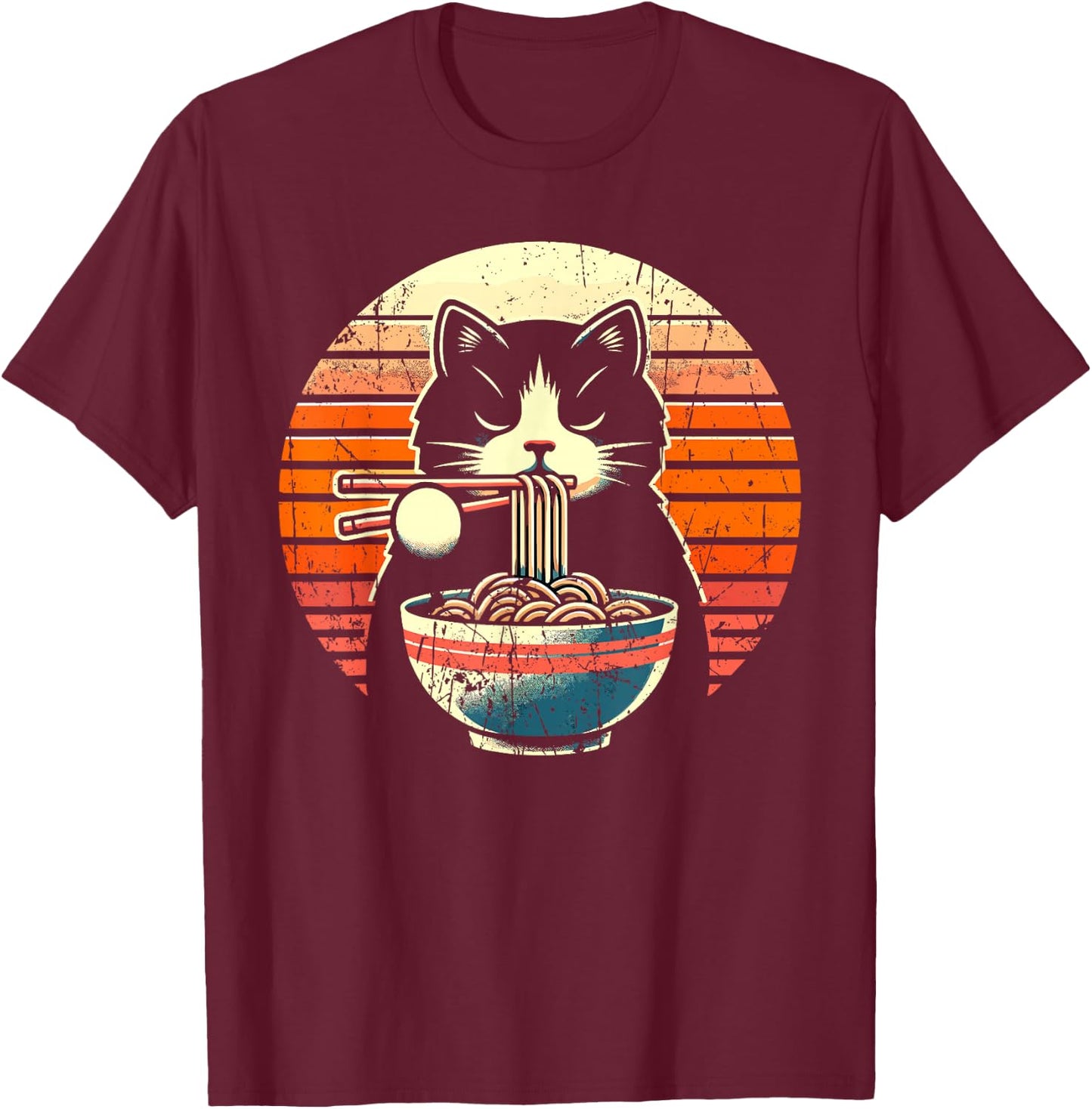 Anime Ramen Cat Retro Japanese Noodles Kawaii Cat T-Shirt - T-Shirt | Maroon