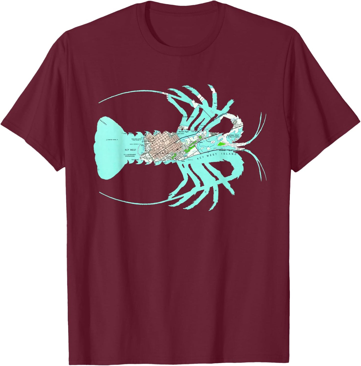 Key West FL Caribbean Spiny Lobster Map Silhouette T-Shirt - T-Shirt | Maroon