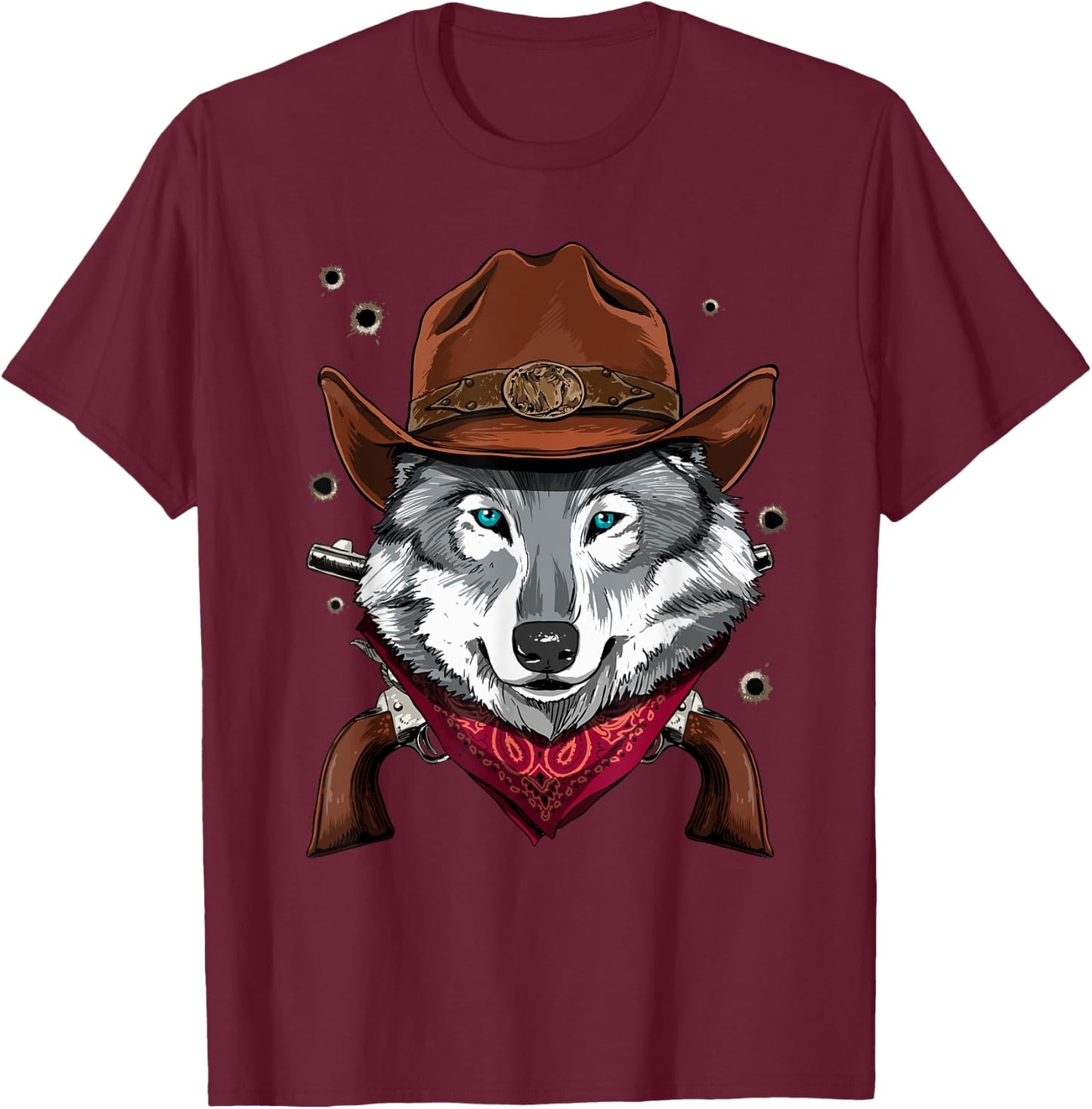 Cowboy Wolf Western Rodeo Cowboy Hat and Bandana T-Shirt - T-Shirt | Maroon