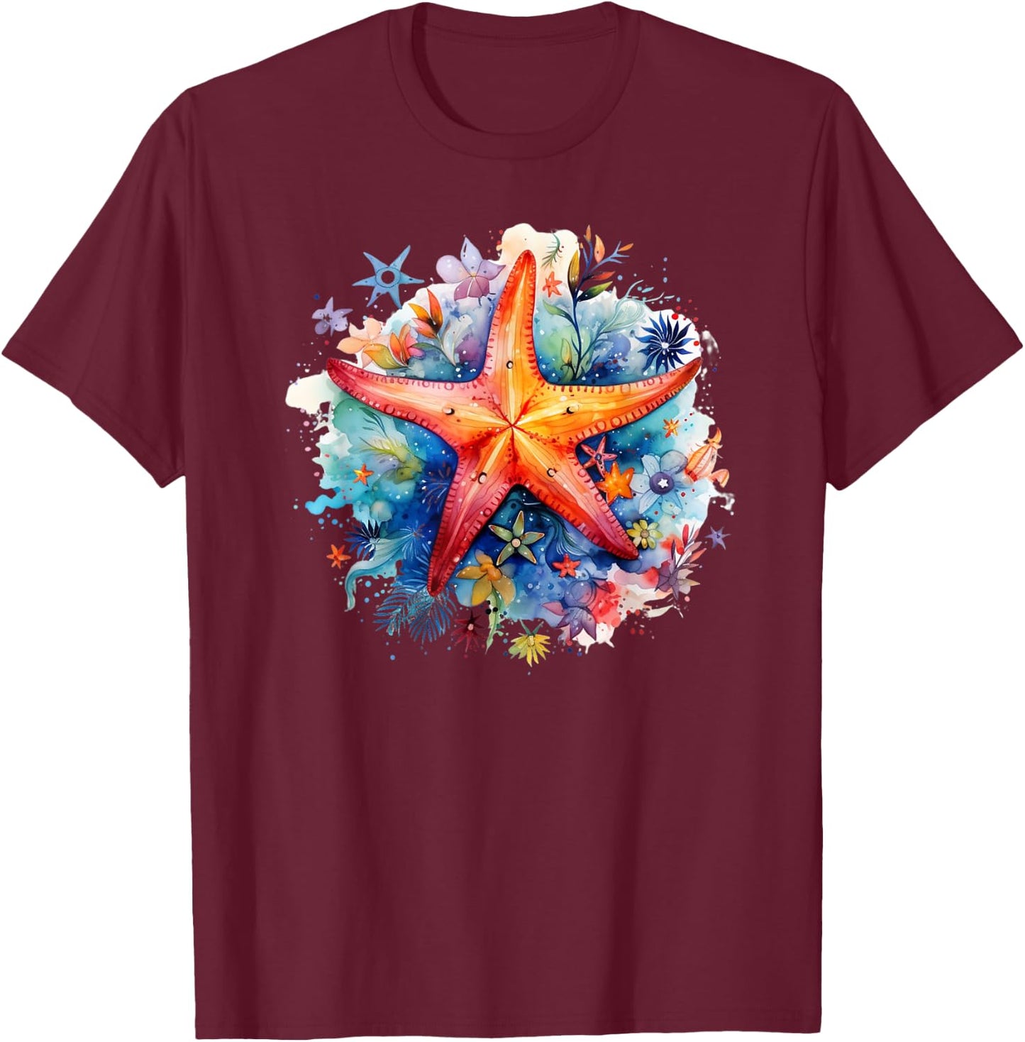 Ocean Themed Beach Vacation Graphic Sea Watercolor Starfish T-Shirt - T-Shirt | Maroon
