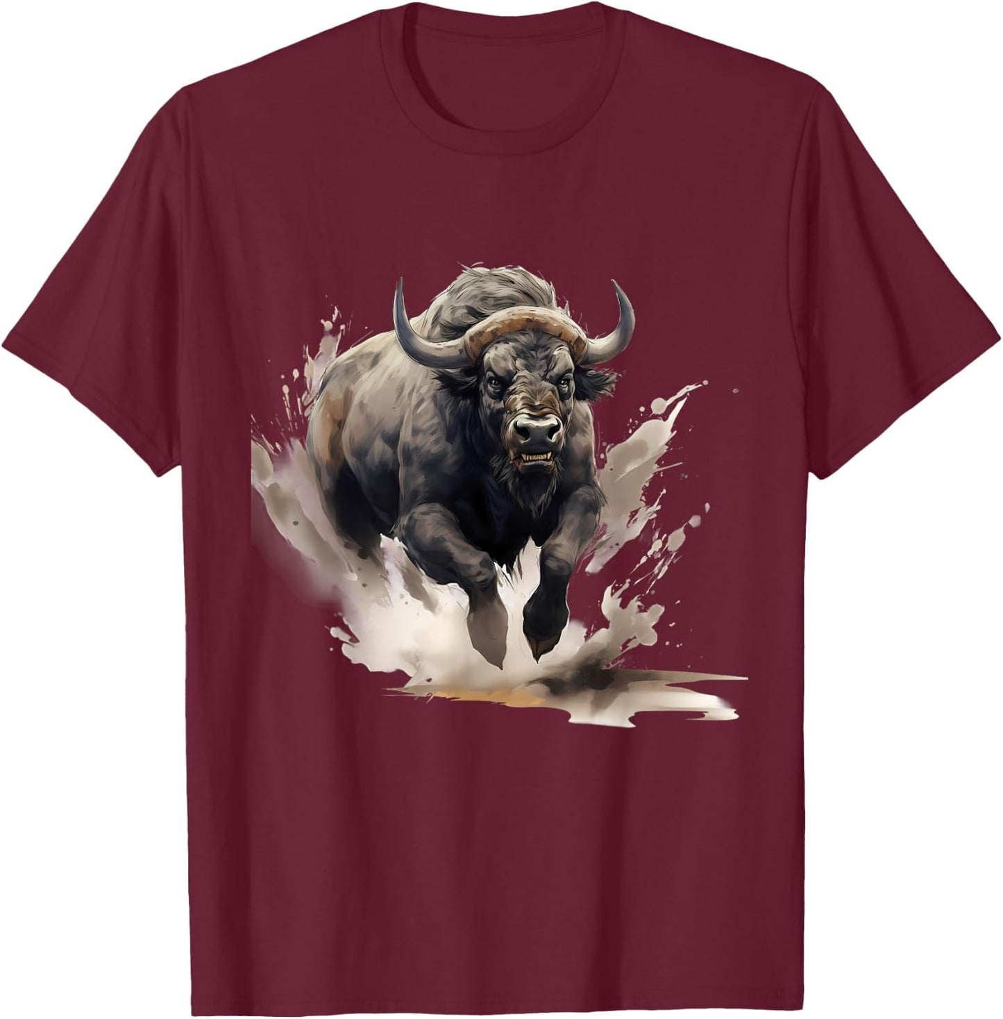Buffalo Wildlife Safari Splash Bison Animal Art Nature Motif T-Shirt - T-Shirt | Maroon