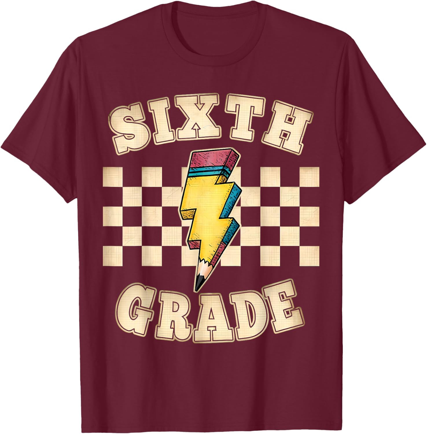 Retro 6th Sixth Grade Teacher Lightning Bolt Pencil Teacher T-Shirt - T-Shirt | Maroon