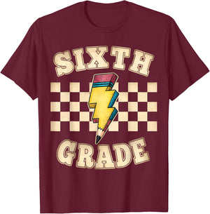 Retro 6th Sixth Grade Teacher Lightning Bolt Pencil Teacher T-Shirt - T-Shirt | Maroon