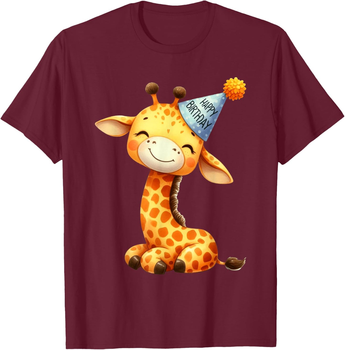 Cute Giraffe Happy Birthday Party Hat Kids T-Shirt - T-Shirt | Maroon