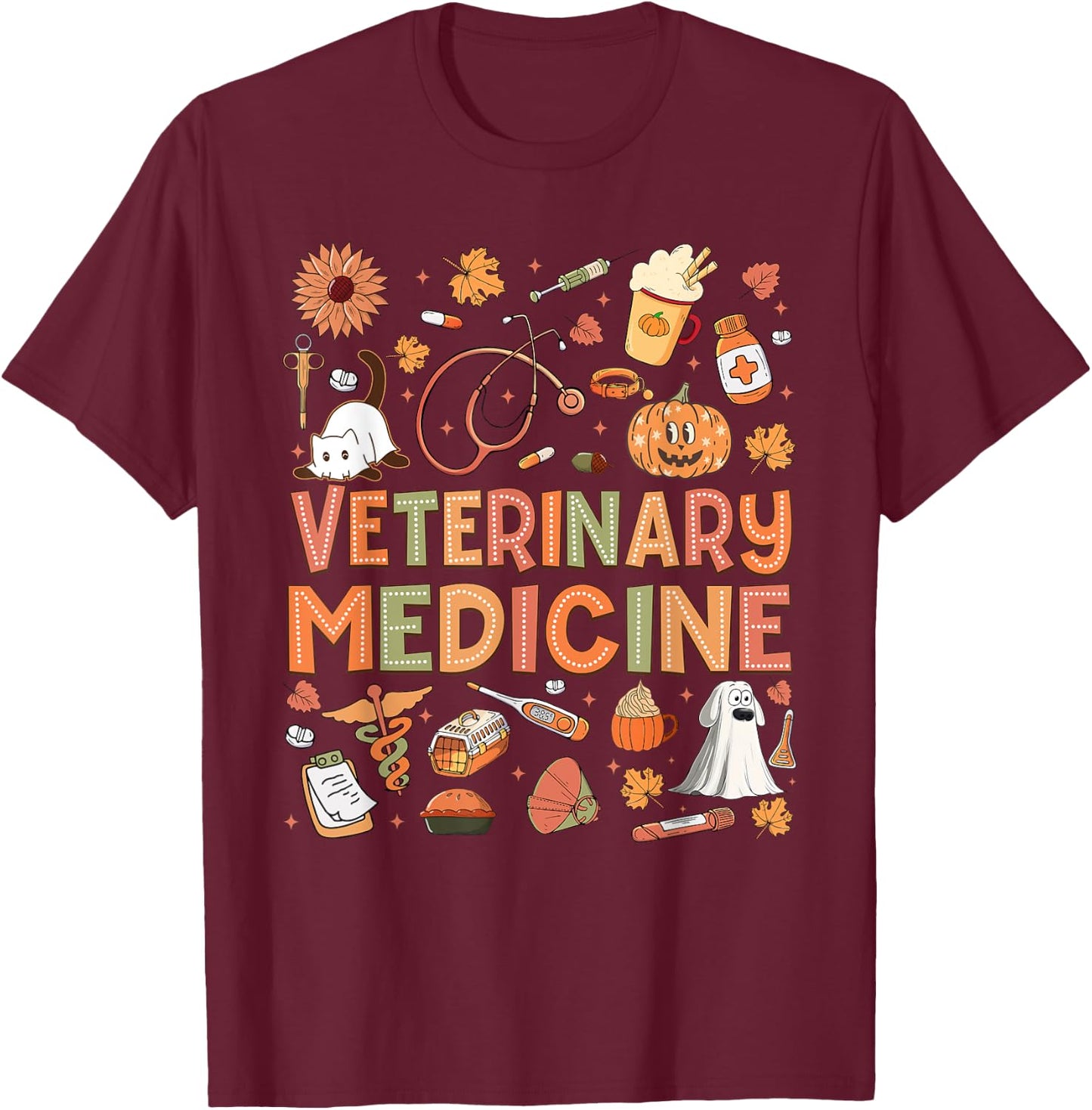 Veterinary Medicine Pumpkin Fall Veterinary Technician Week T-Shirt - T-Shirt | Maroon