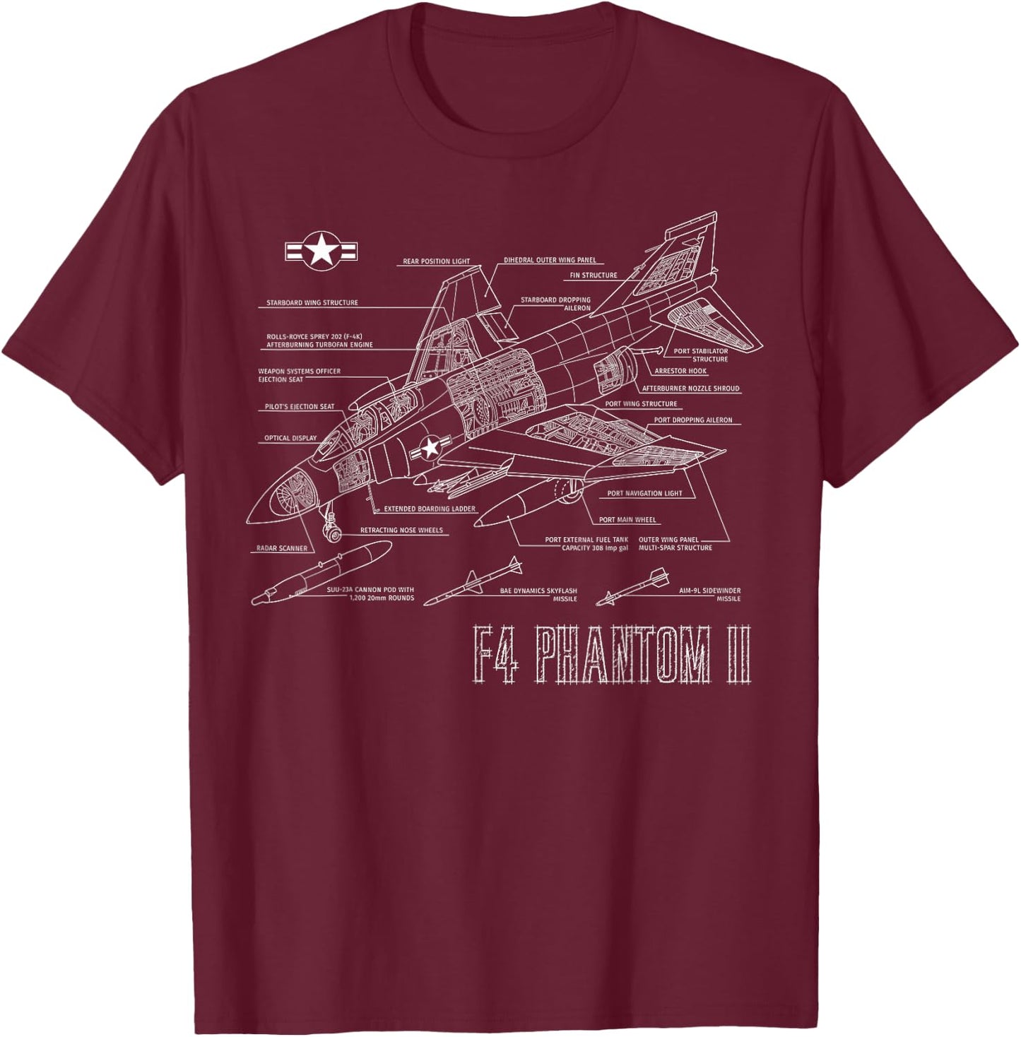 Vintage F4 Phantom II Jet Military Aviation Blueprint Gift T-Shirt - T-Shirt | Maroon
