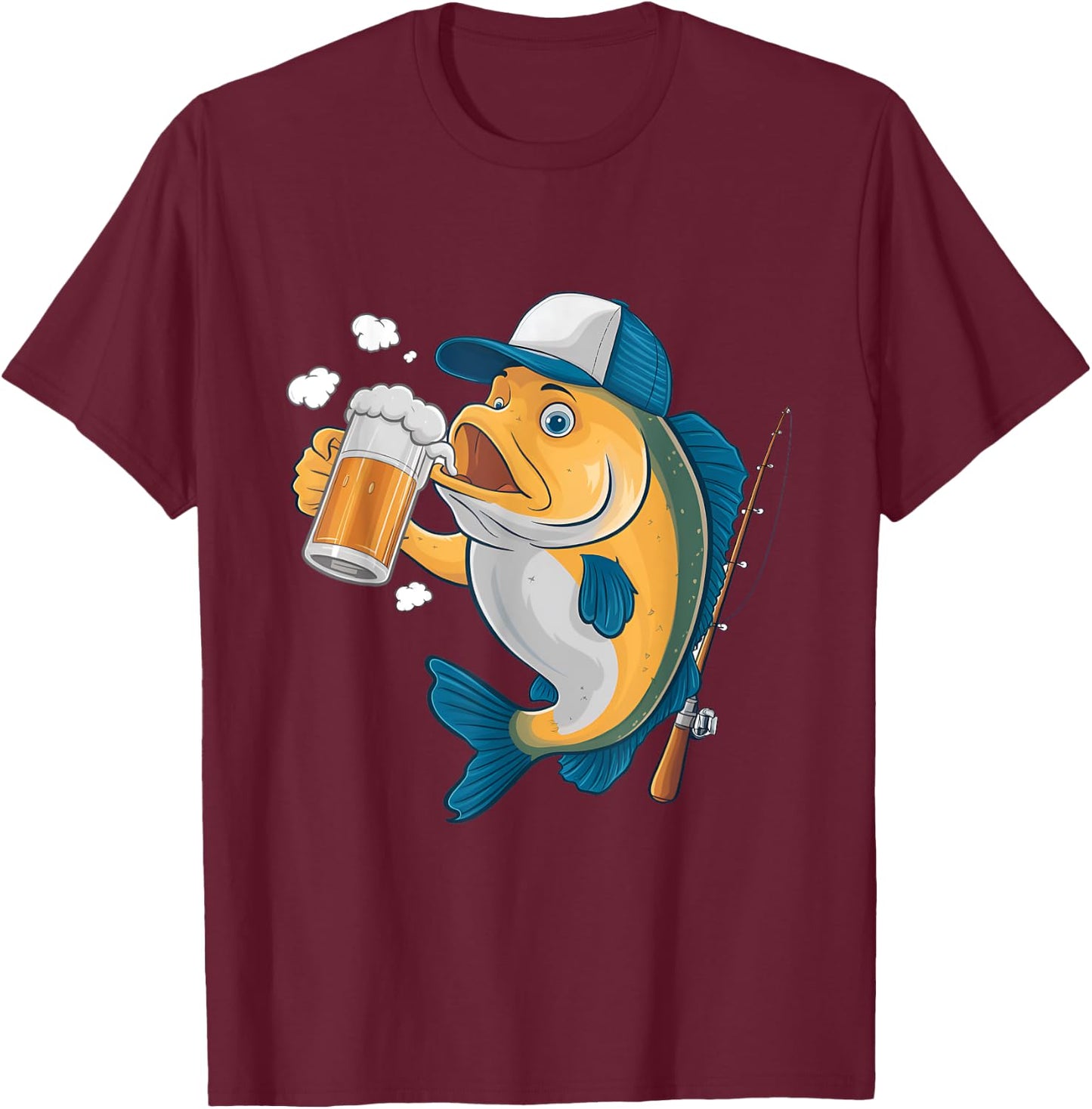 A fish drinking beer wearing a cap Design T-Shirt - T-Shirt | Maroon