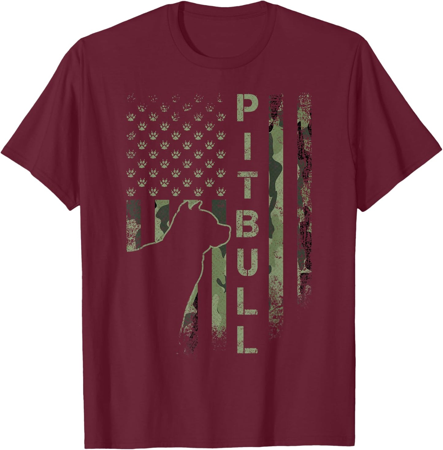 Vintage USA American Camo Flag Pitbull Dog Silhouette Pittie T-Shirt - T-Shirt | Maroon