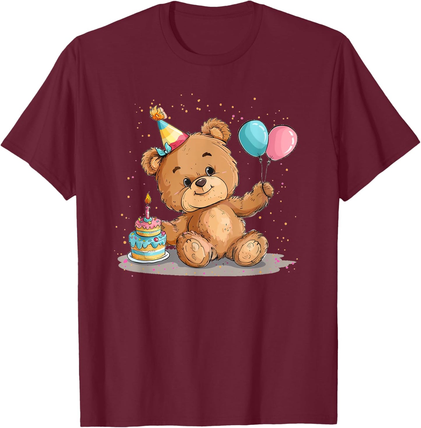 Pretty Teddy Bear with Party Hat and Birthday Balloons T-Shirt - T-Shirt | Maroon