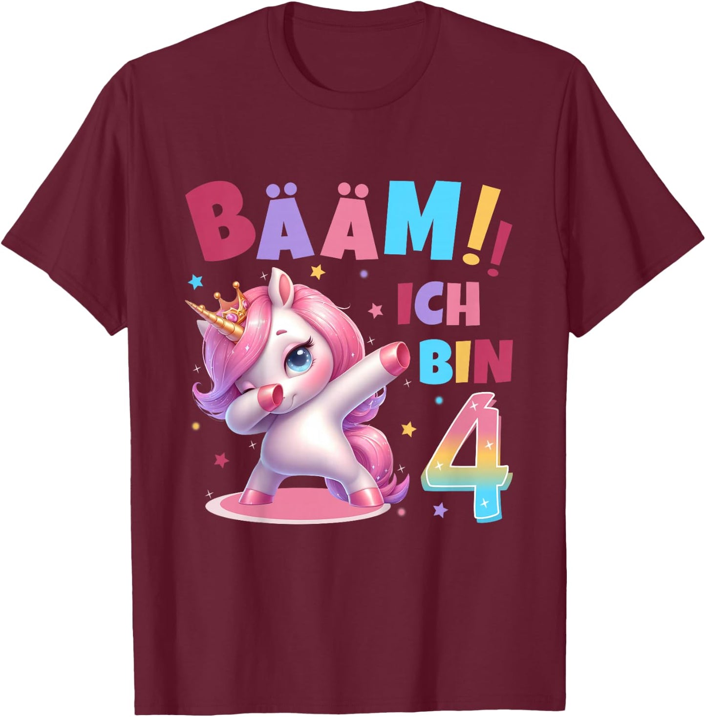 Children's 4th Birthday Girl 4 Years Unicorn Party Outfit Unicorn , black T-Shirt - T-Shirt | Maroon