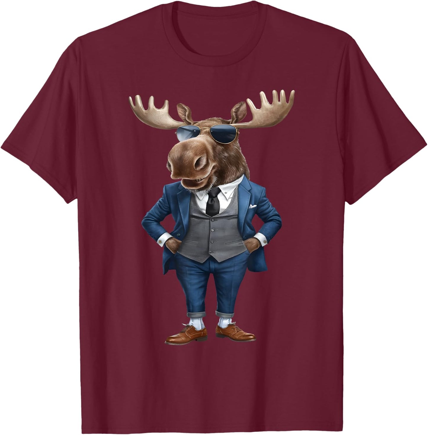Moose Men Woman Moose In Suit - Black - Small - -Adult - Short Sleeve - Cotton, Polyester - Machine Wash T-Shirt - T-Shirt | Maroon