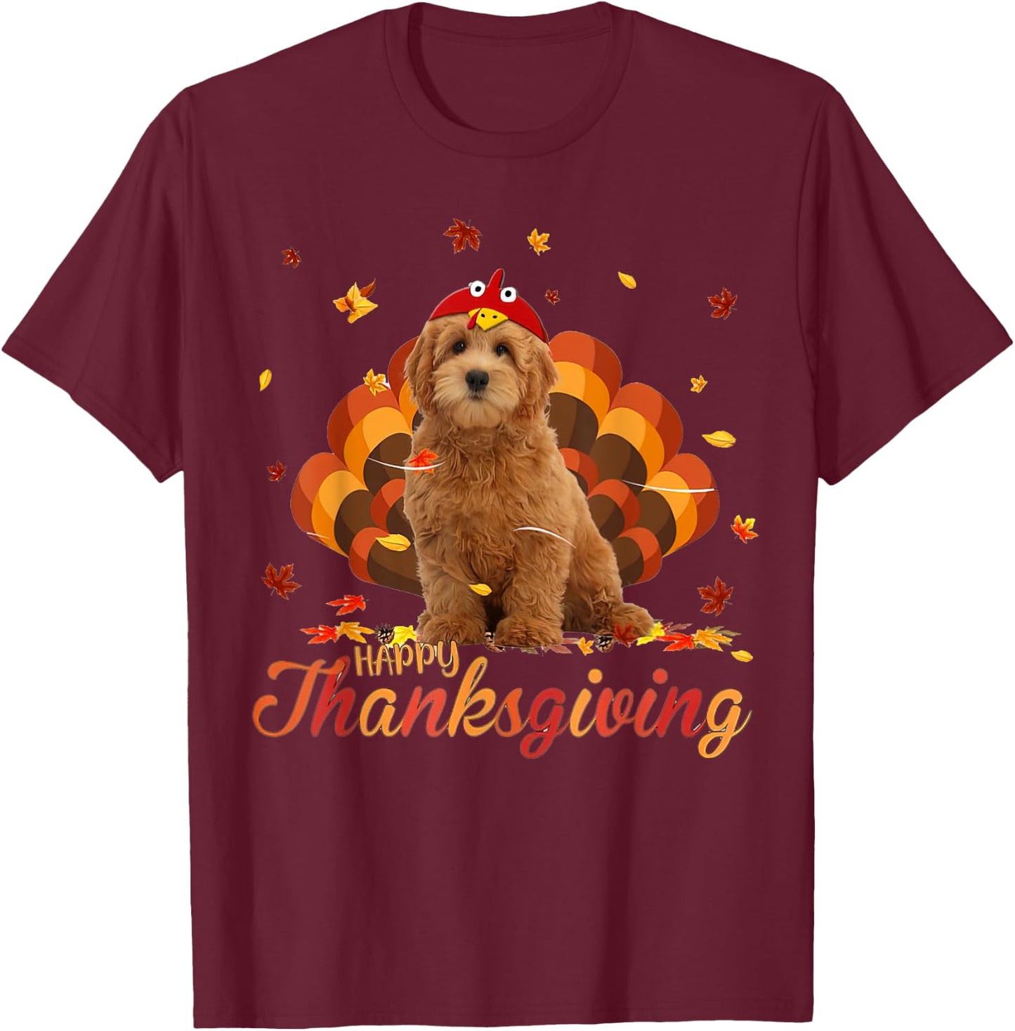 Cute Goldendoodle Happy Thanksgiving Turkey Dog Crispy Leaf Men Women T-Shirt - T-Shirt | Maroon
