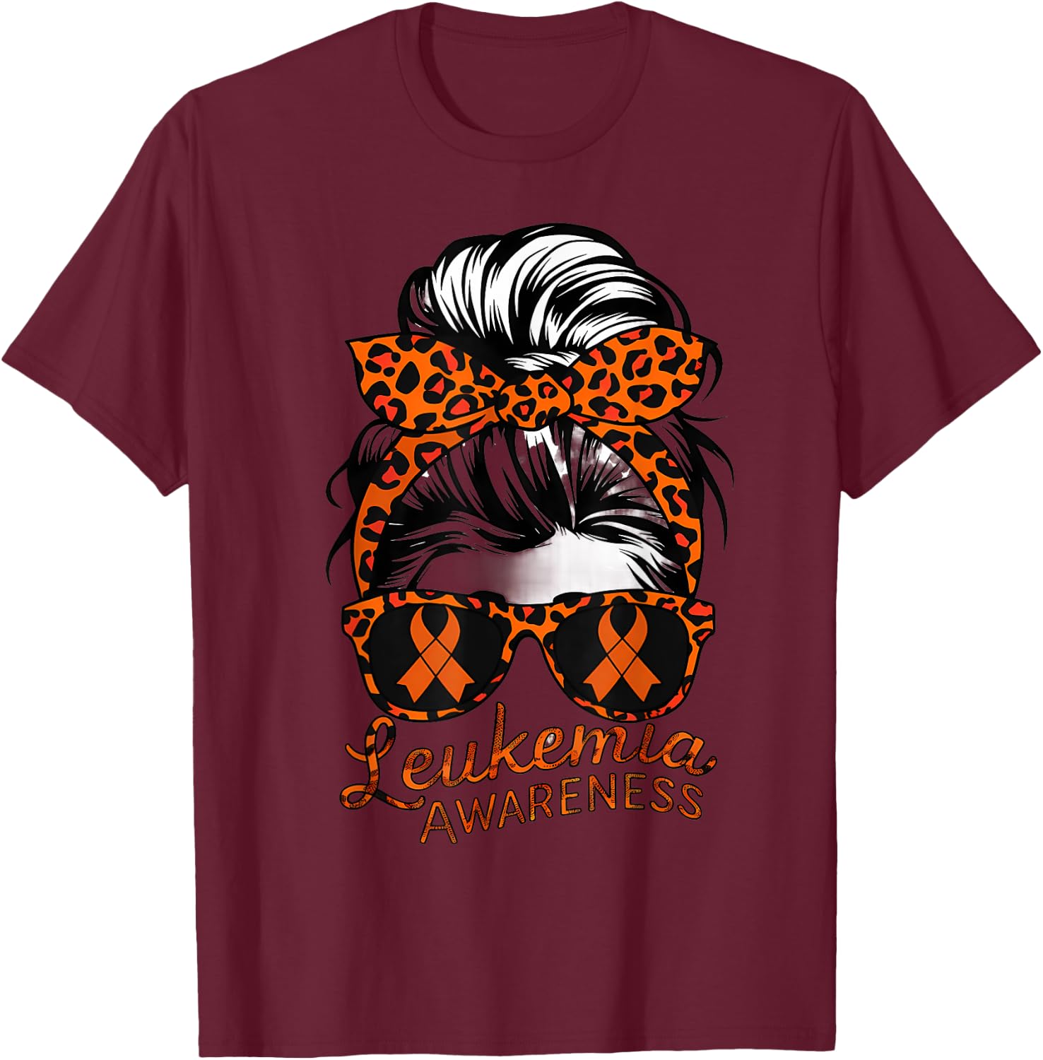 Leukemia Cancer Awareness Girl Head Scarf Orange Ribbon T-Shirt - T-Shirt | Maroon