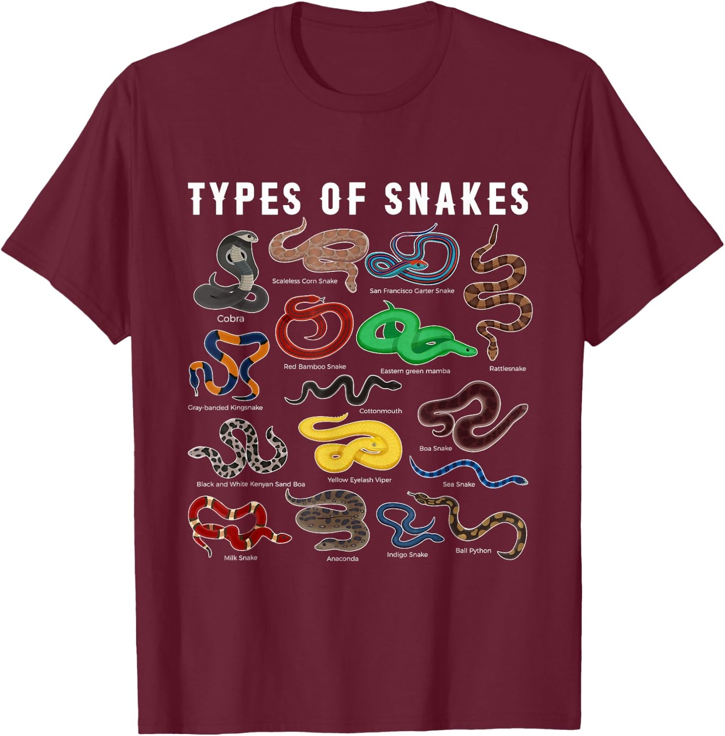 Types of Snakes Shirt SNAKE Species Types of Snake T-Shirt - T-Shirt | Maroon