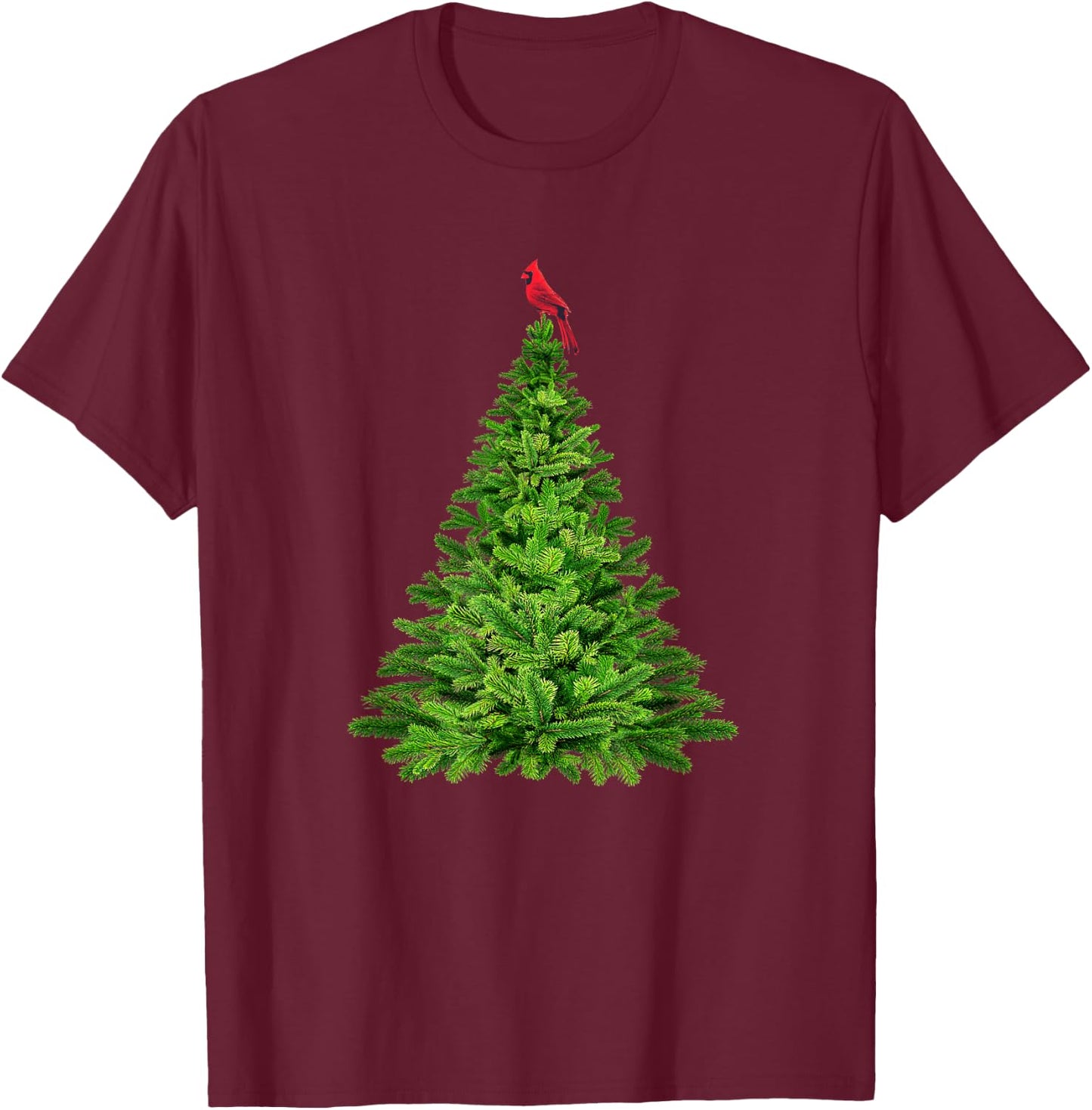Cardinal Red Bird in Pine Tree Christmas T-Shirt - T-Shirt | Maroon