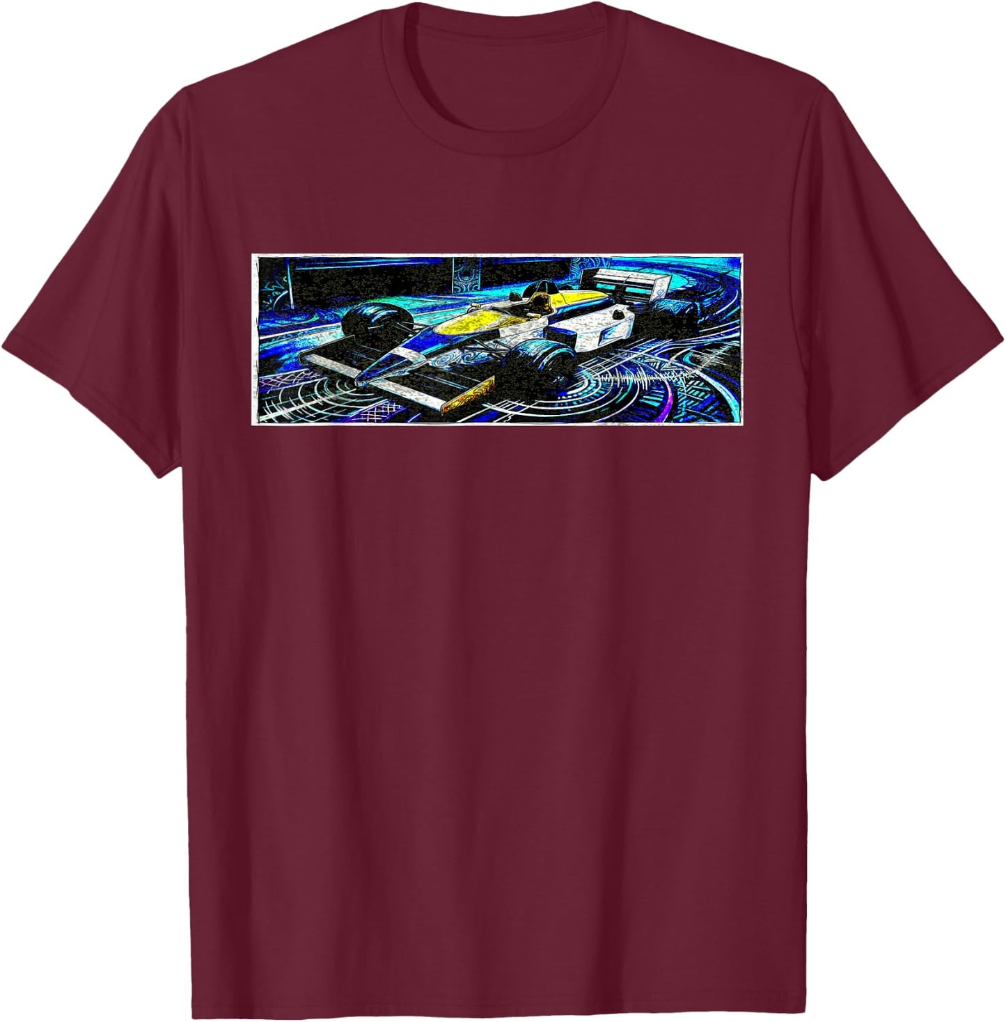 Dark Retro Racing Car Psychedelic Synthwave Graphic T-Shirt - T-Shirt | Maroon
