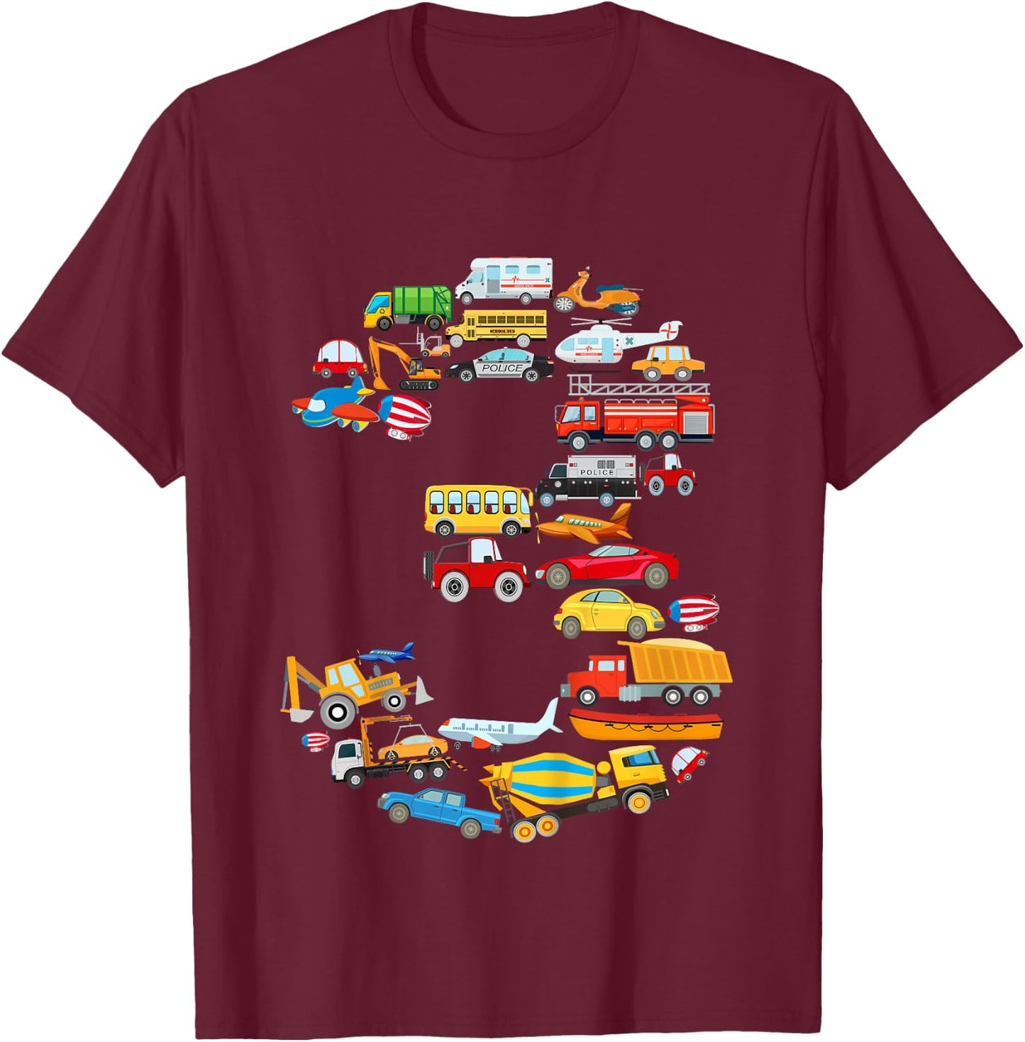 Boys 3rd Birthday Cars Vehicles Fire Engine T-Shirt - T-Shirt | Maroon