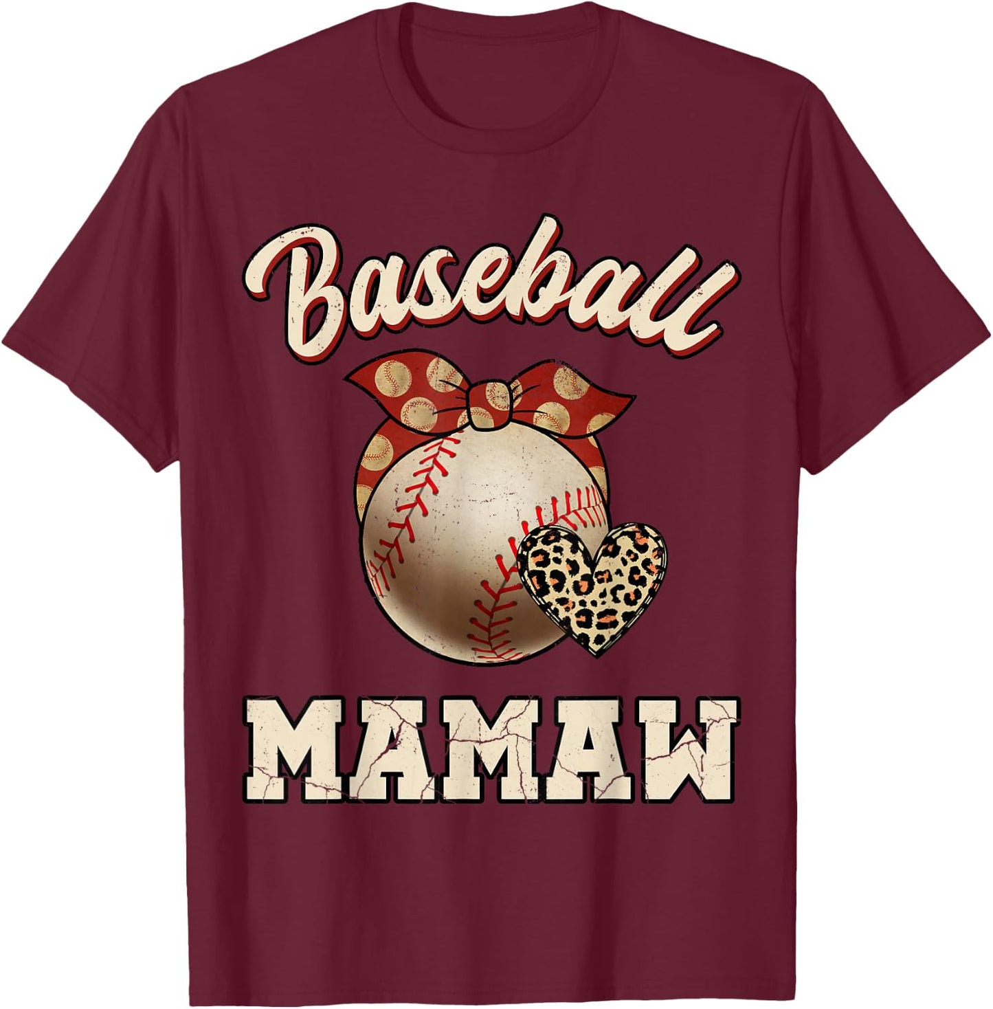 Baseball Mamaw Bandana Leopard Heart Fans Mother's Day T-Shirt - T-Shirt | Maroon