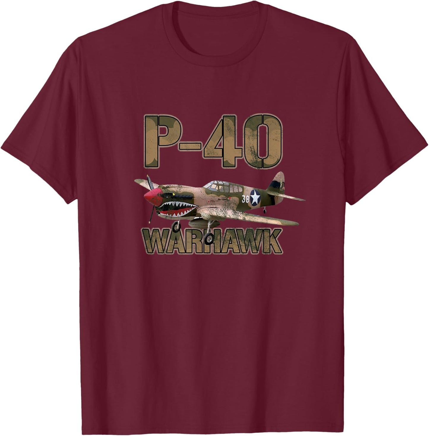 Airplane Shirt Gifts for Veterans P-40 Warhawk WWII Fighter Gift - Black, , Short Sleeve, Modern, Military, Casual, Adult, Sports, , Small T-Shirt - T-Shirt | Maroon