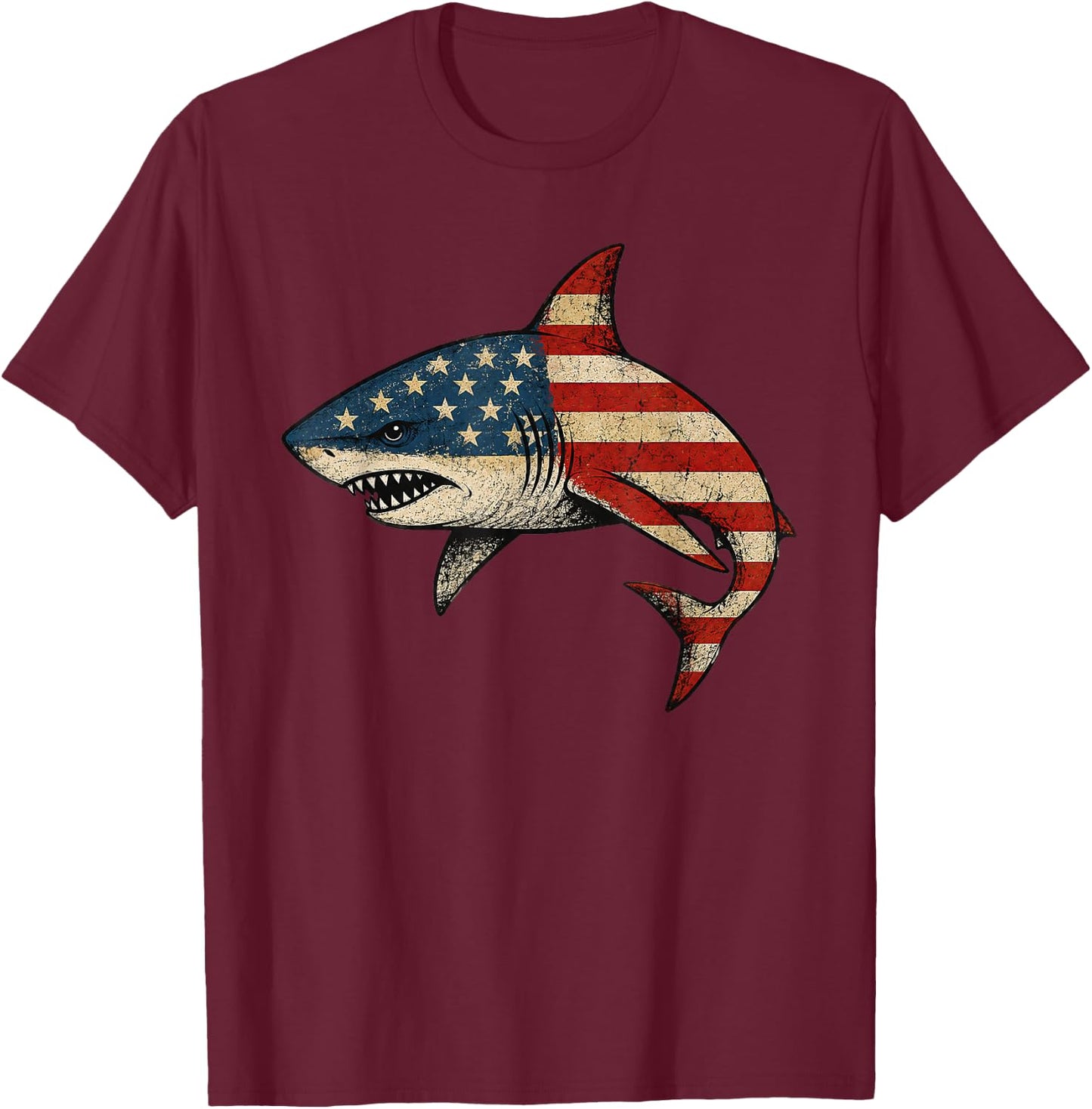 American Flag Shark 4th of July T-Shirt - T-Shirt | Maroon