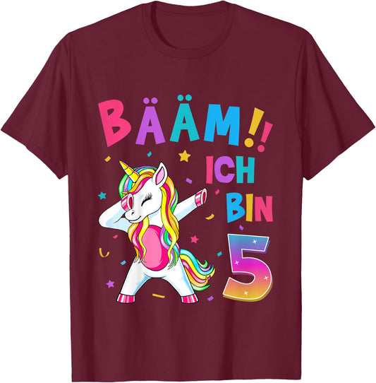 Children's 5th Birthday Girl 5 Years Old Dancing Funny Unicorn , black T-Shirt - T-Shirt | Maroon