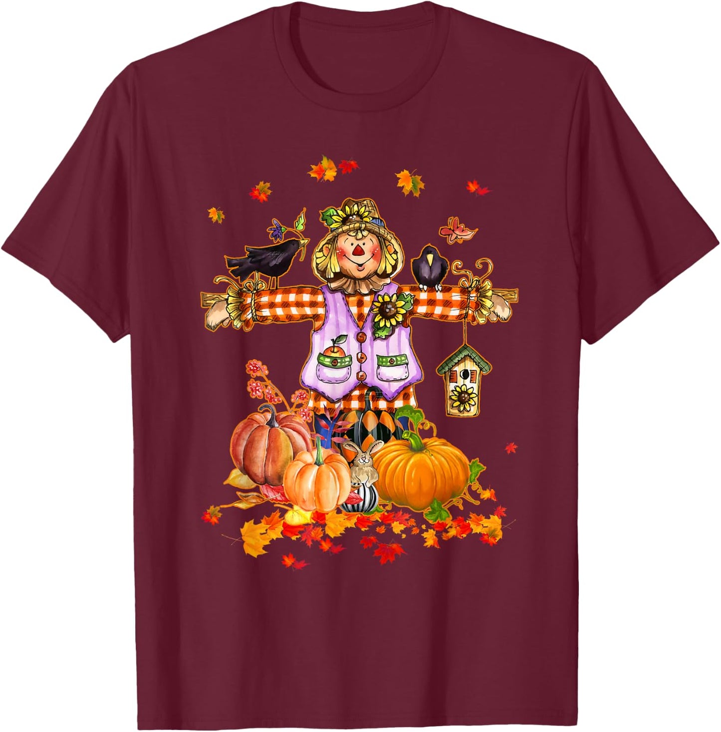 Scarecrow Autumn Hello Fall Pumpkin Thanksgiving Halloween T-Shirt - T-Shirt | Maroon