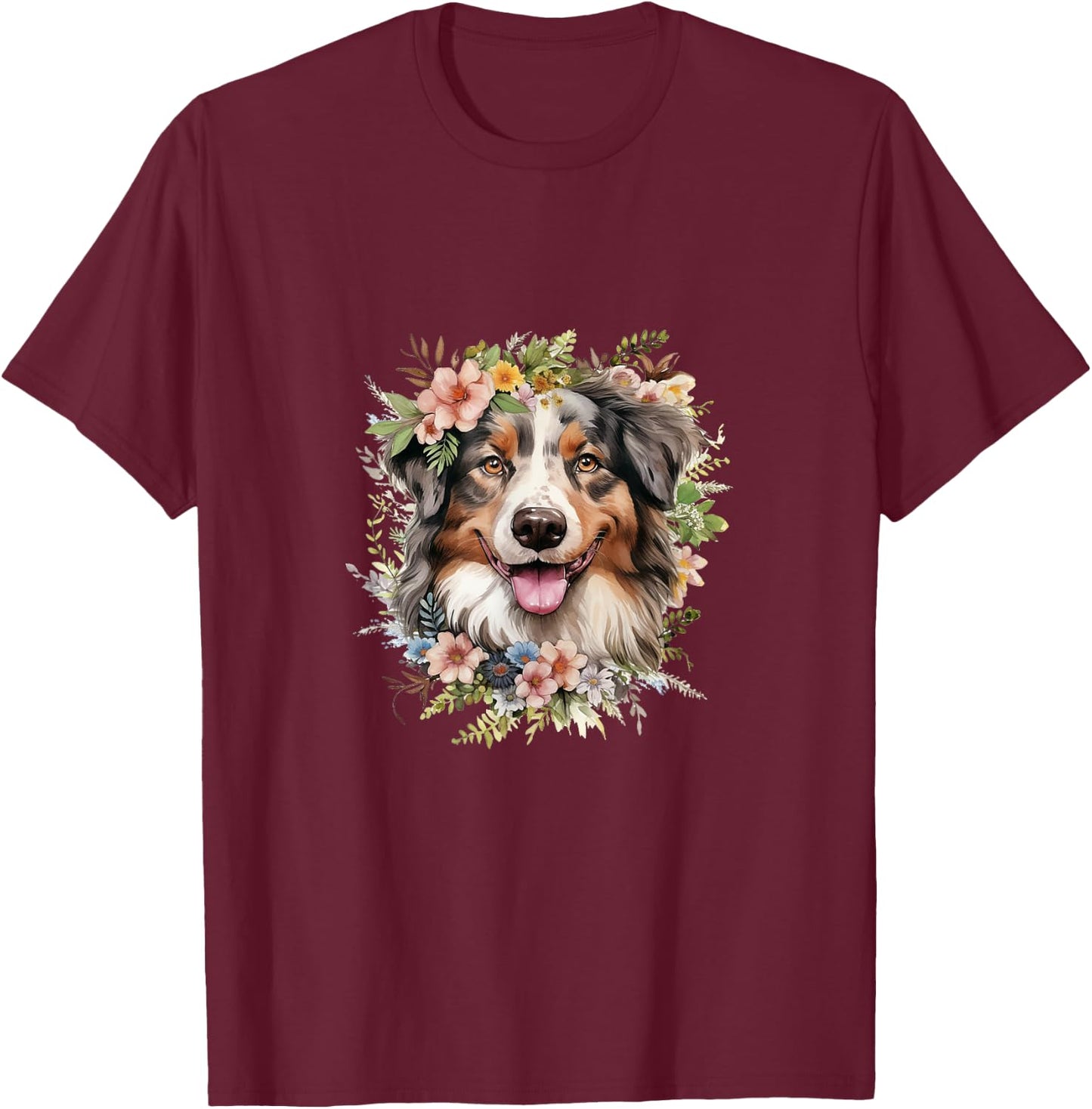 Australian Shepherd Dog With Flowers Vintage Pastel Floral T-Shirt - T-Shirt | Maroon