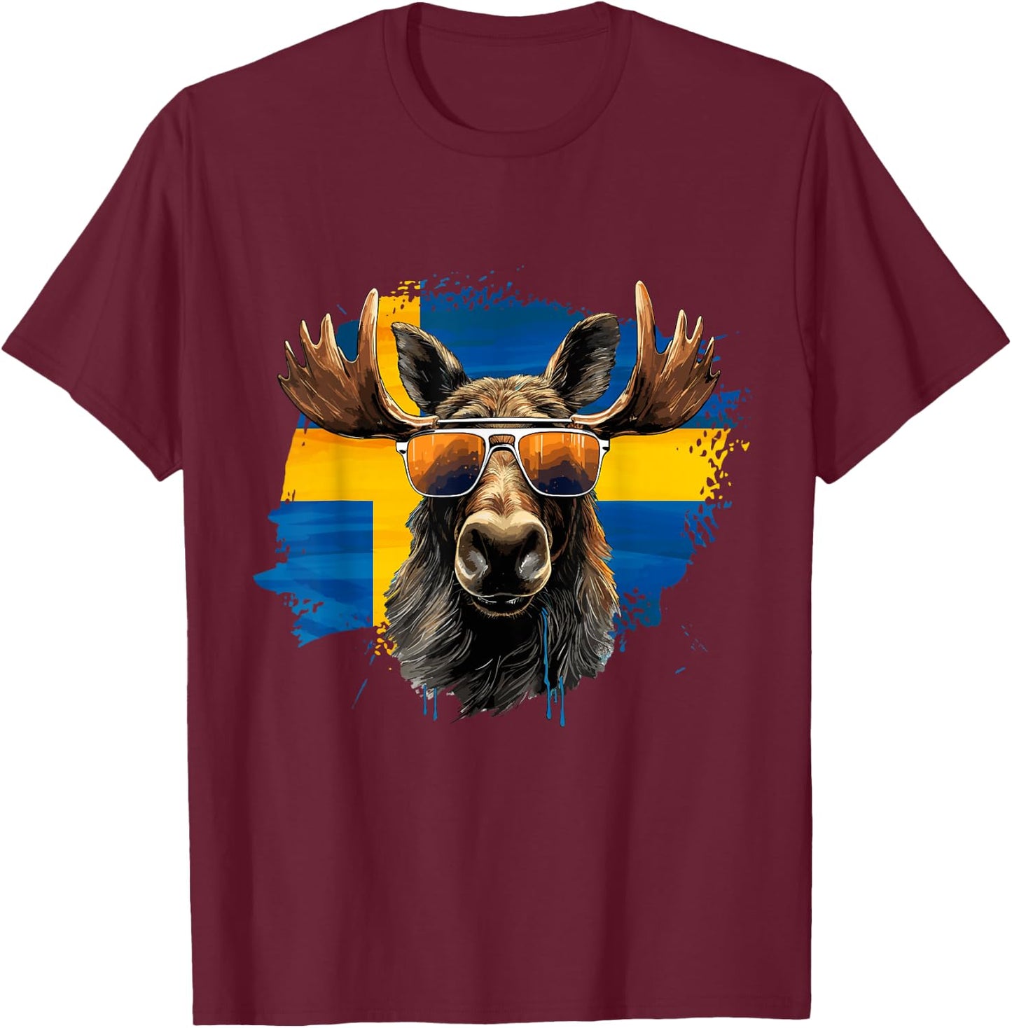 Swedish Moose with Sunglasses and the Swedish Flag T-Shirt - T-Shirt | Maroon