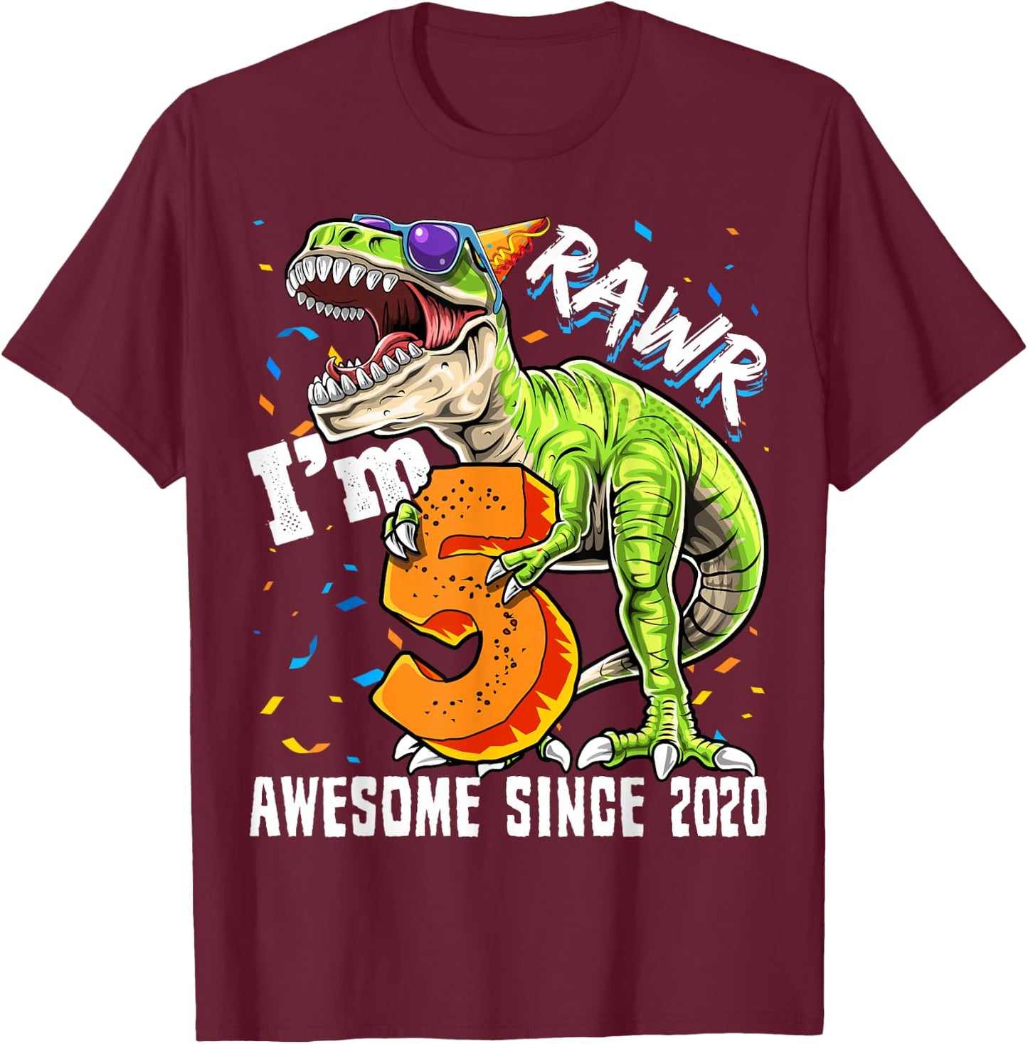 5th Birthday T Rex Dinosaur Party Boys Rawr I'm 5 T-Shirt - T-Shirt | Maroon