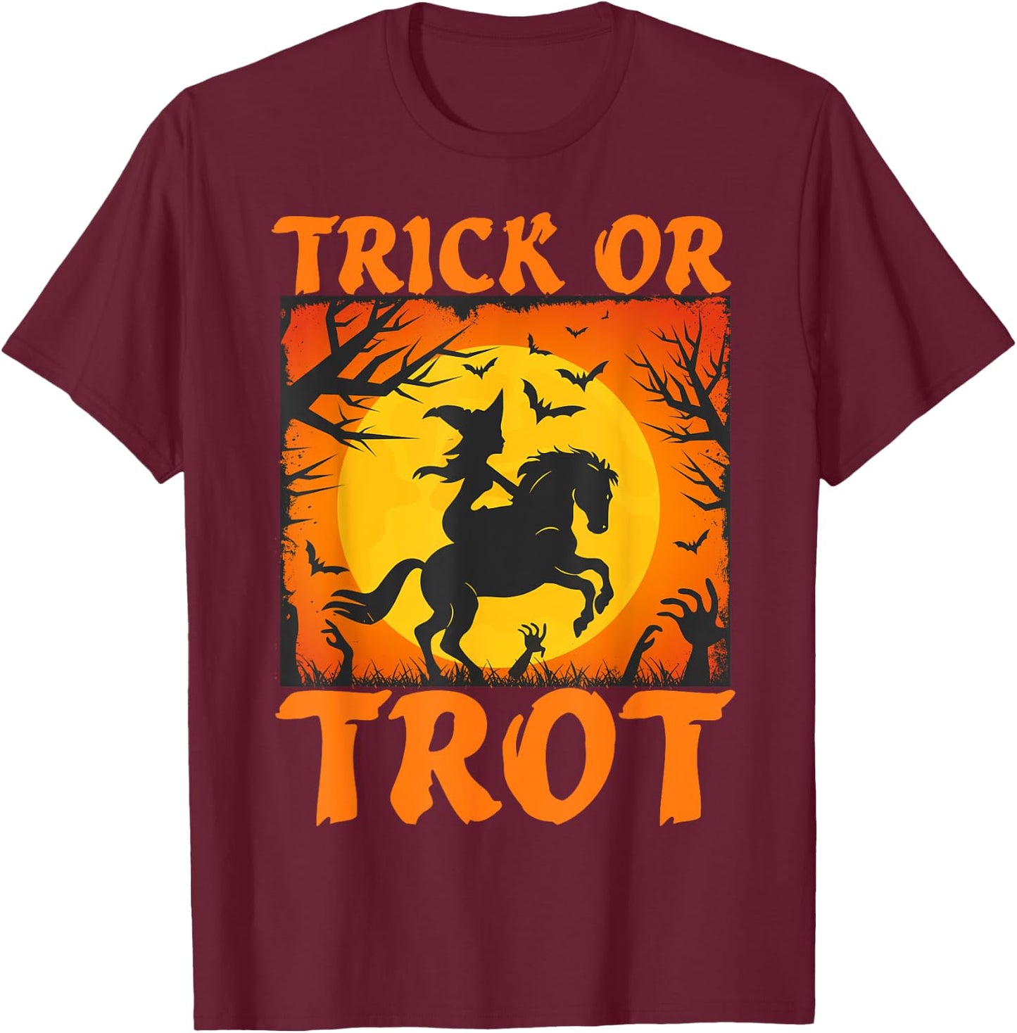 Halloween Horse Lover Witch Riding A Horse Trick or Trot T-Shirt - T-Shirt | Maroon
