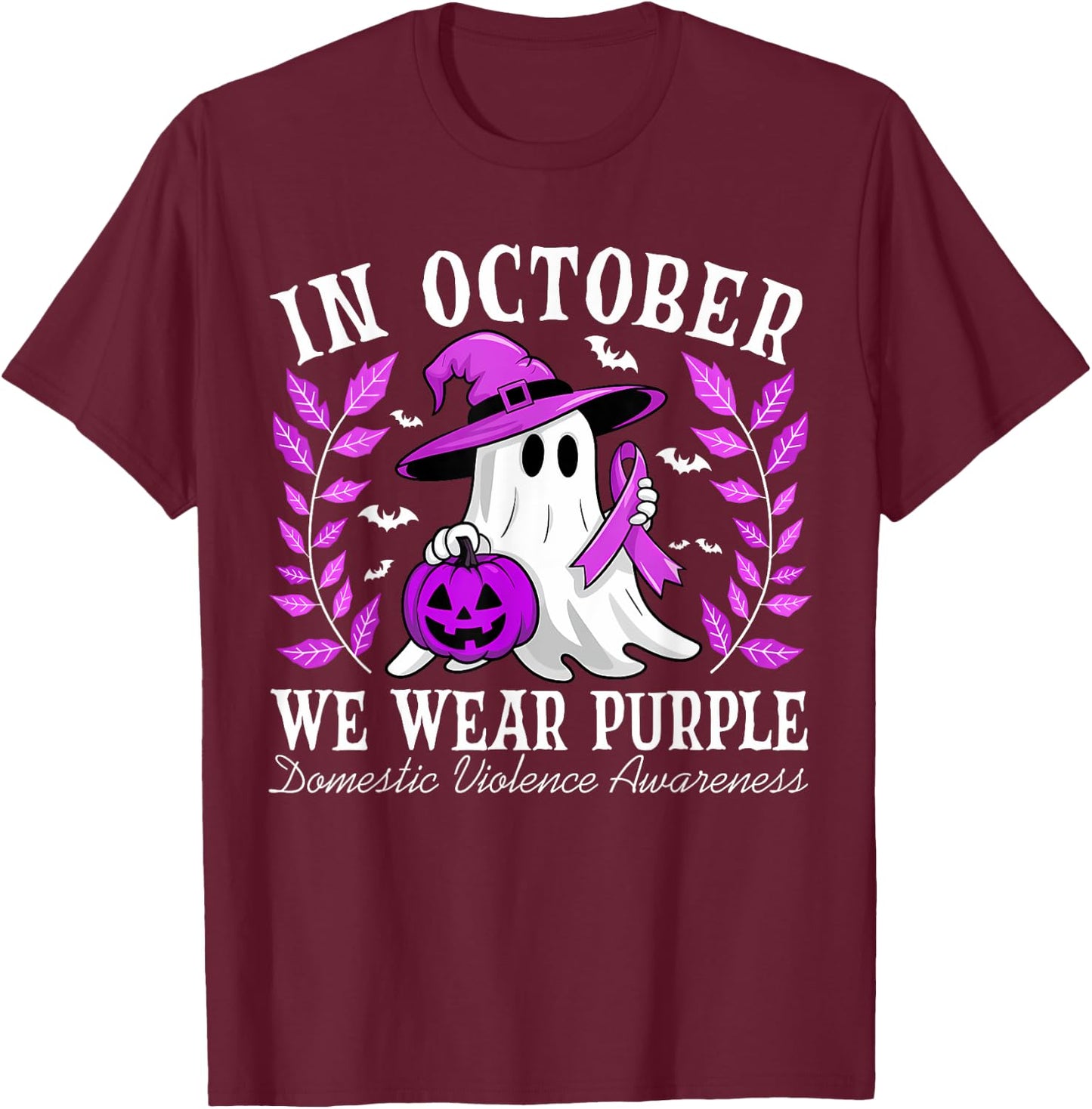 In October We Wear Purple Domestic Violence Ghost Halloween T-Shirt - T-Shirt | Maroon