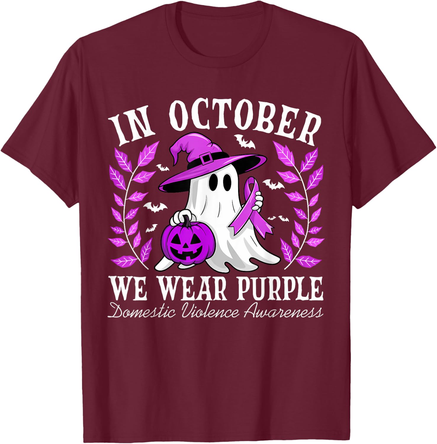 In October We Wear Purple Domestic Violence Ghost Halloween T-Shirt - T-Shirt | Maroon