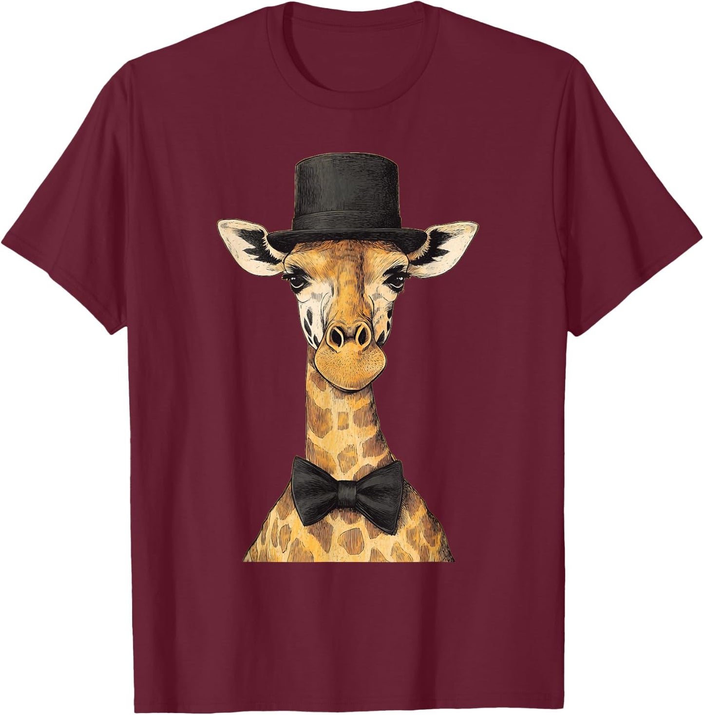 Giraffe Wearing A Hat And Bowtie T-Shirt - T-Shirt | Maroon