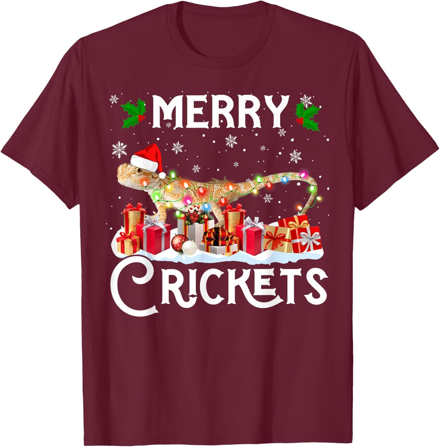 Funny Bearded Dragon Christmas Merry Cricket For Mom Dad T-Shirt - T-Shirt | Maroon