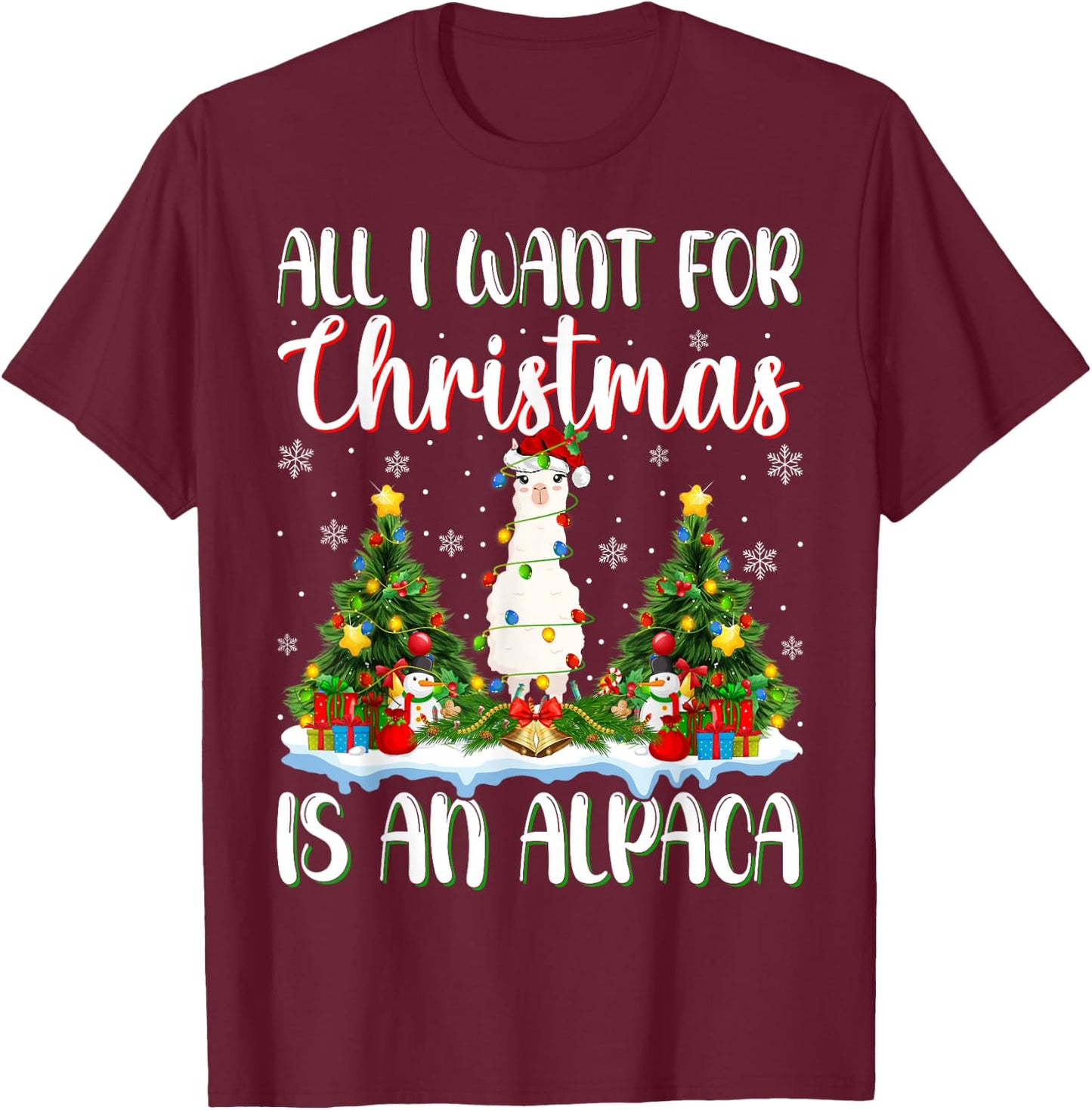 I Want For Christmas Is A Alpaca Xmas Tree Lights T-Shirt - T-Shirt | Maroon
