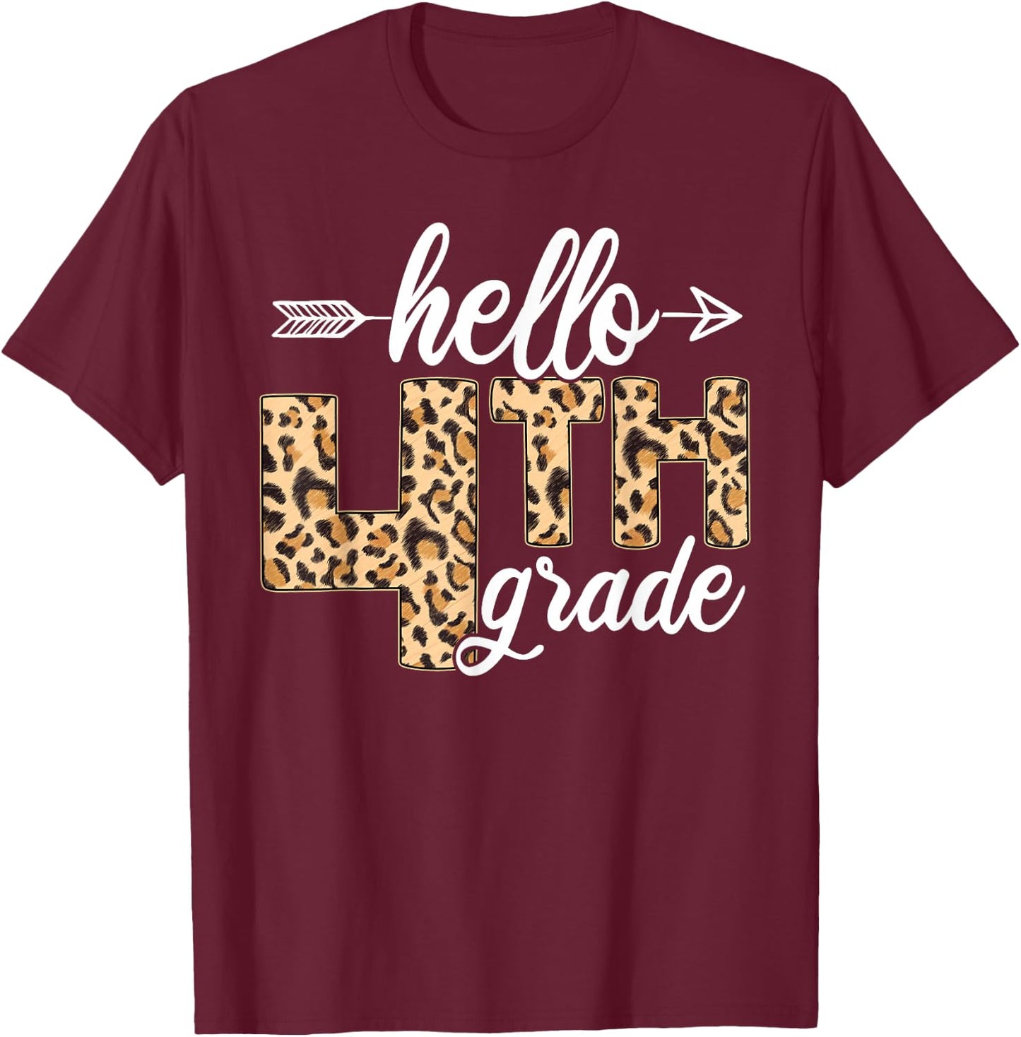 Hello 4th Fourth Grade Leopard Back To School Teacher Kid T-Shirt - T-Shirt | Maroon