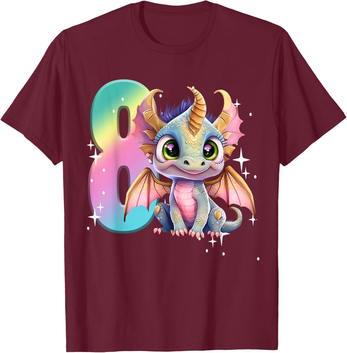 8th Birthday Shirt Girl Dragon Birthday Outfit Rainbow Eight T-Shirt - T-Shirt | Maroon