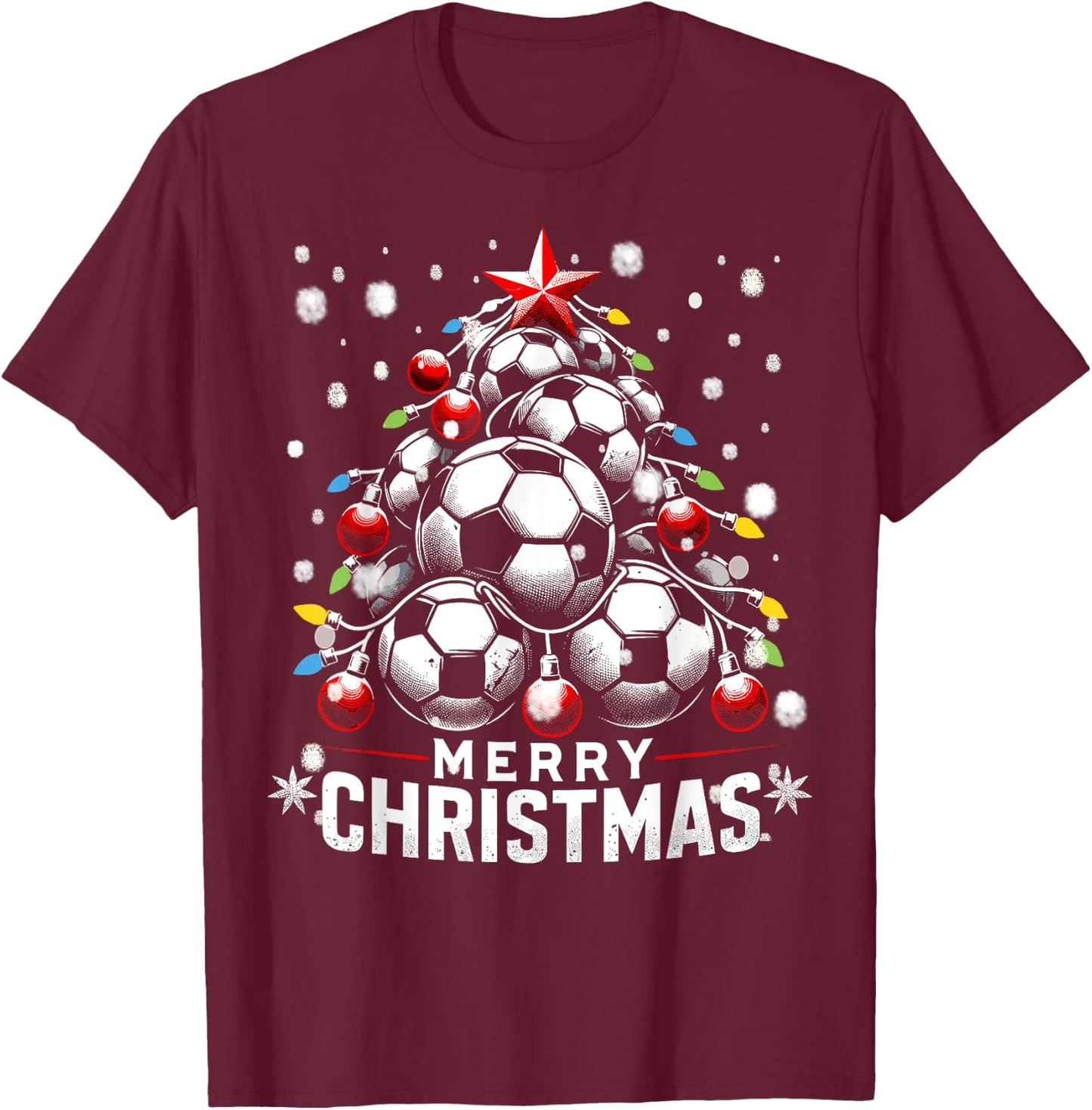 Merry Christmas, Soccer Balls Fans Xmas Tree Women Men Kids T-Shirt - T-Shirt | Maroon