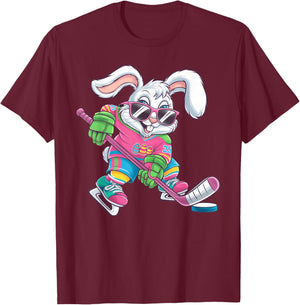 Happy Easter Bunny Playing Hockey Easter Sport Kids Boys T-Shirt - T-Shirt | Maroon