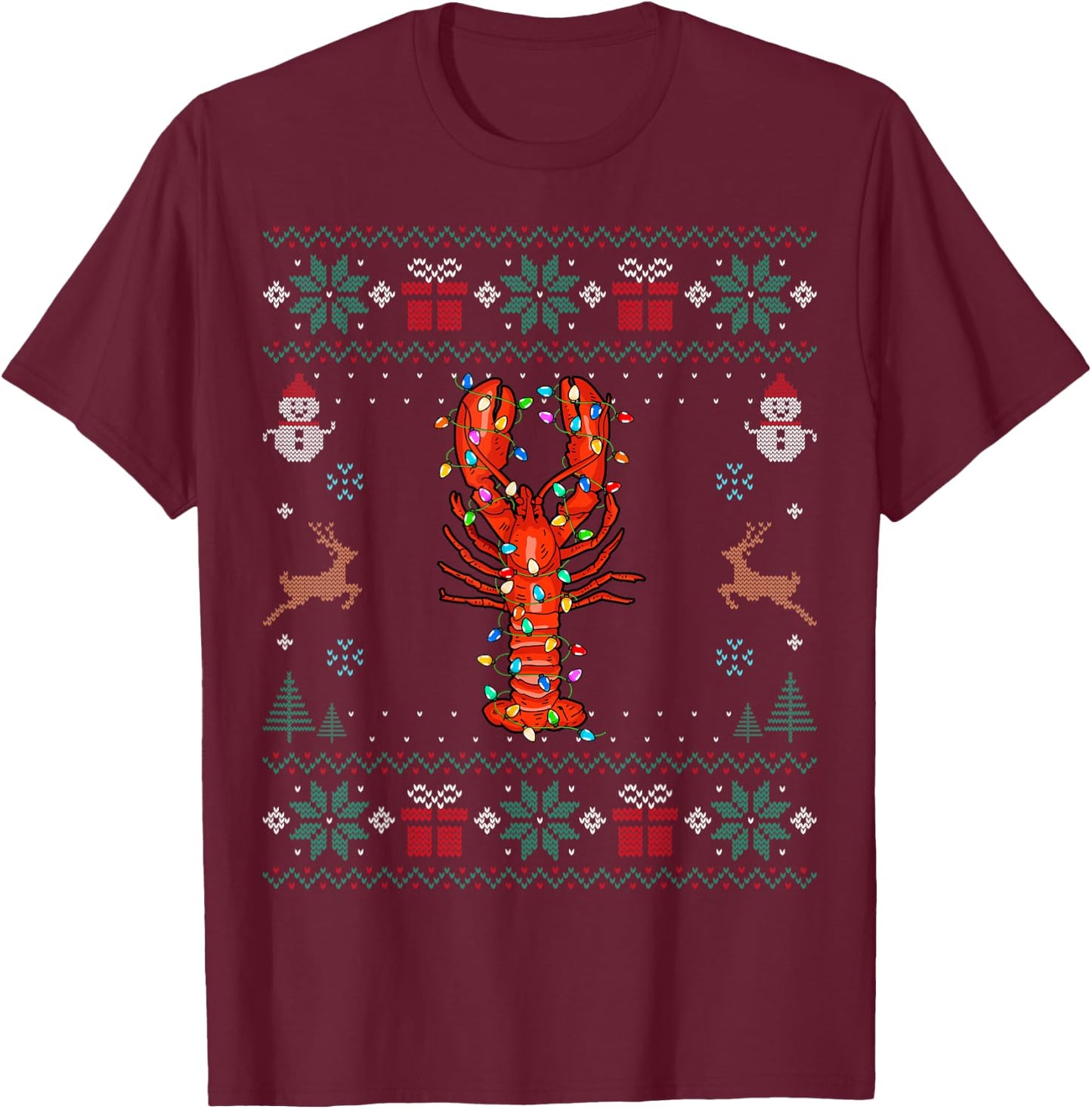 Lobster Santa Hat Xmas Lights Christmas Ugly Lobster T-Shirt - T-Shirt | Maroon