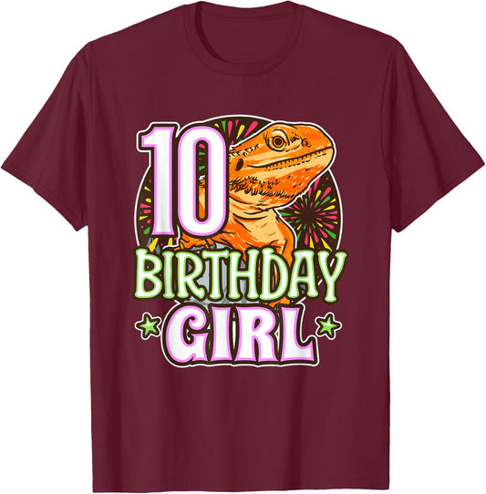 Bearded Dragon 10th Birthday 10 Year Old Girl Reptile Party T-Shirt - T-Shirt | Maroon
