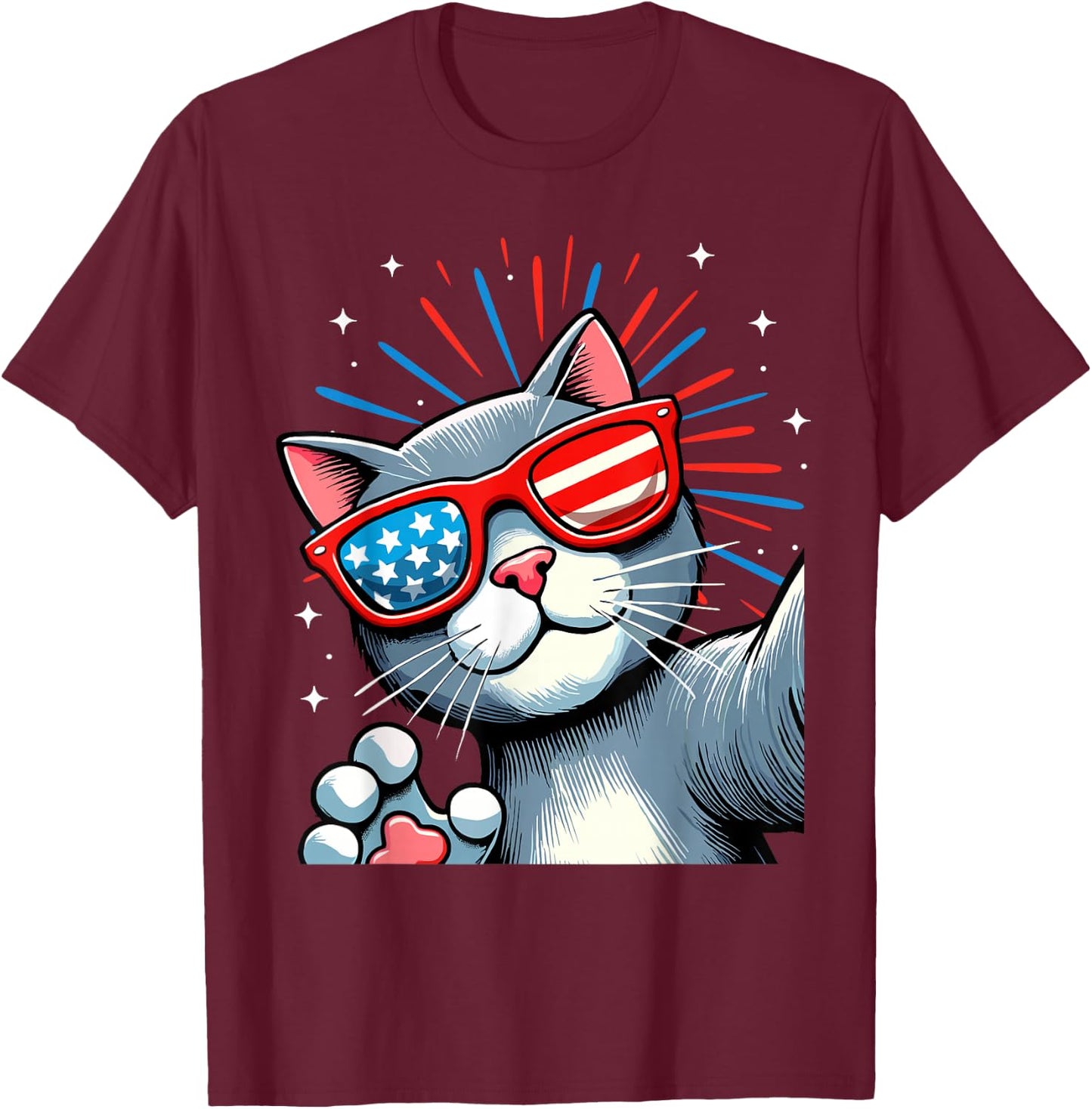 Cat Selfie with Fireworks American Flag 4th Of July Women Kids Men T-Shirt - T-Shirt | Maroon