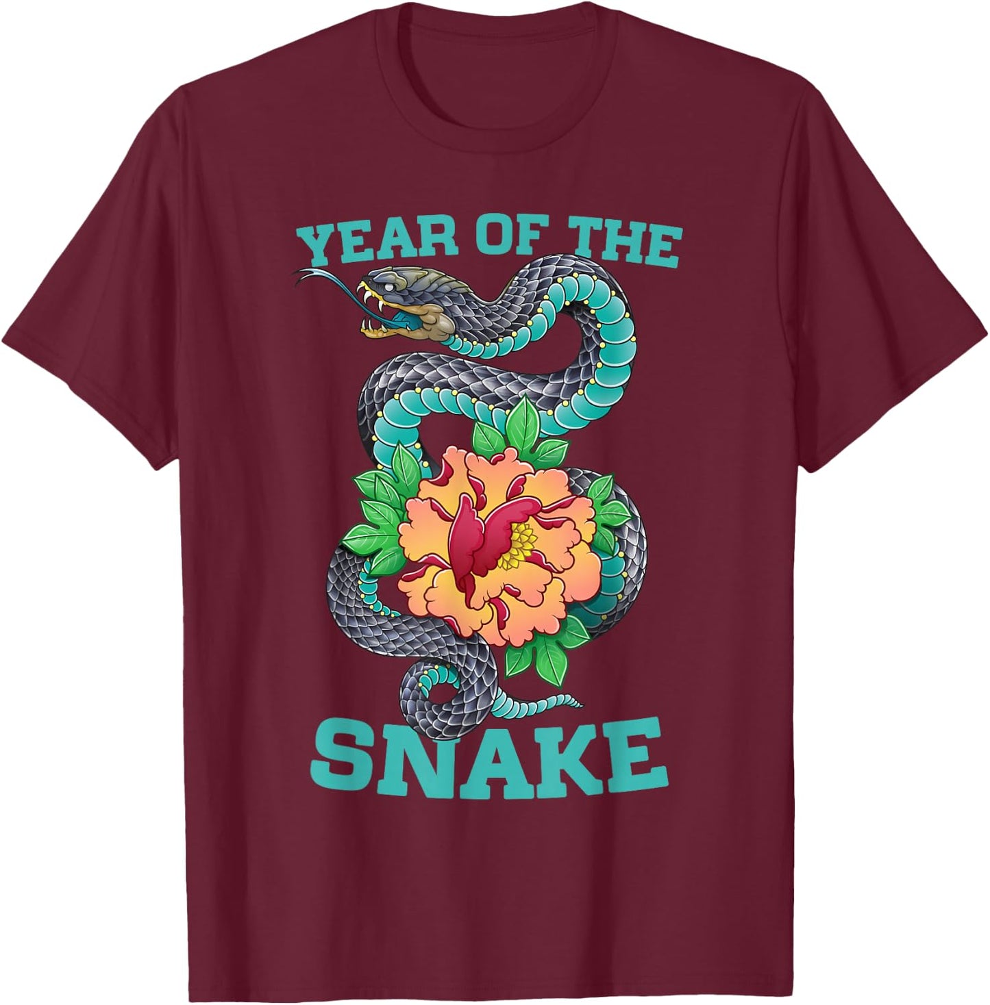 Floral Snake Chinese New Year of the Snake 2025 Zodiac T-Shirt - T-Shirt | Maroon
