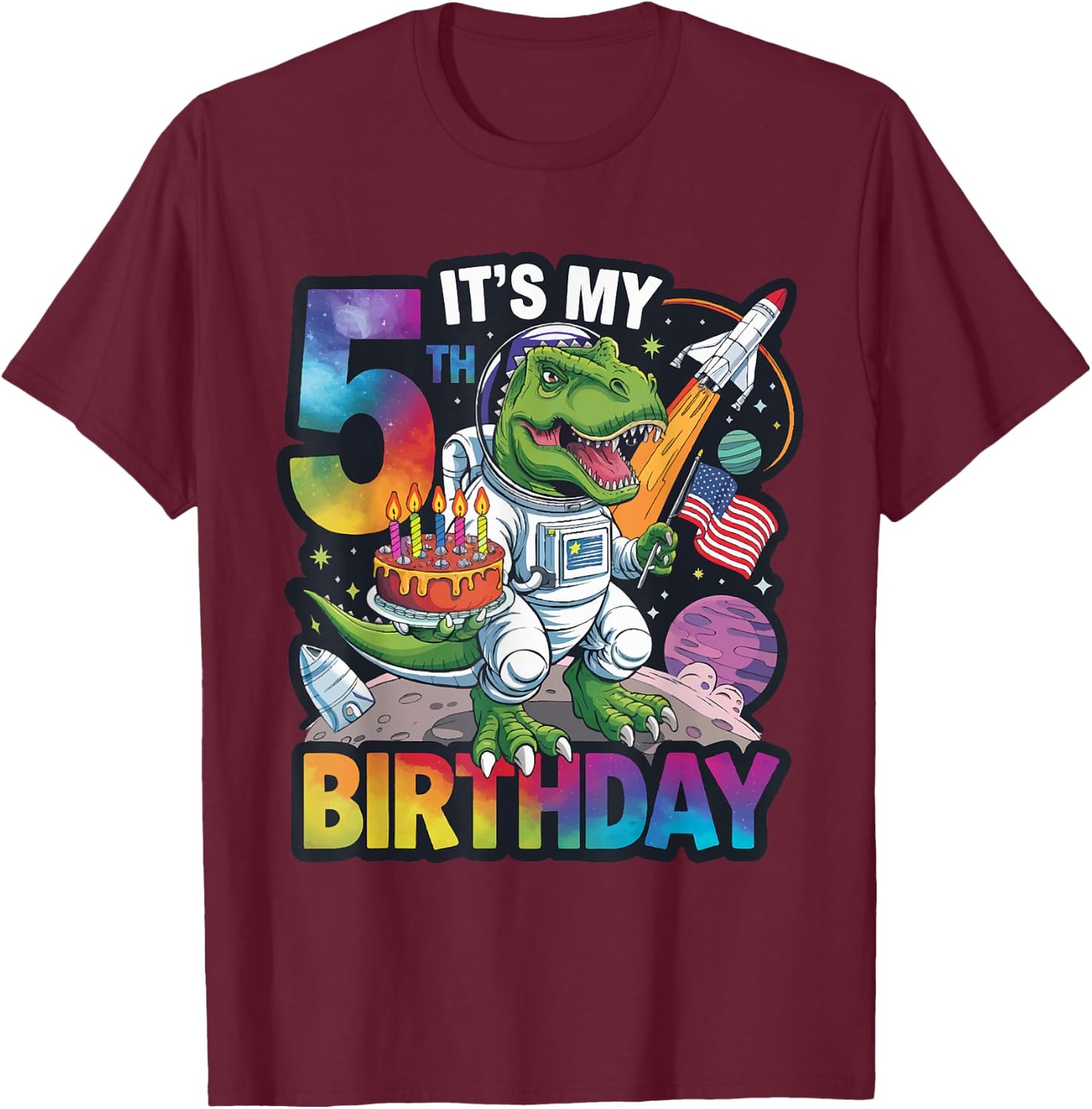 5th Birthday Dinosaur Astronaut T-Rex Space Kids Party T-Shirt - T-Shirt | Maroon