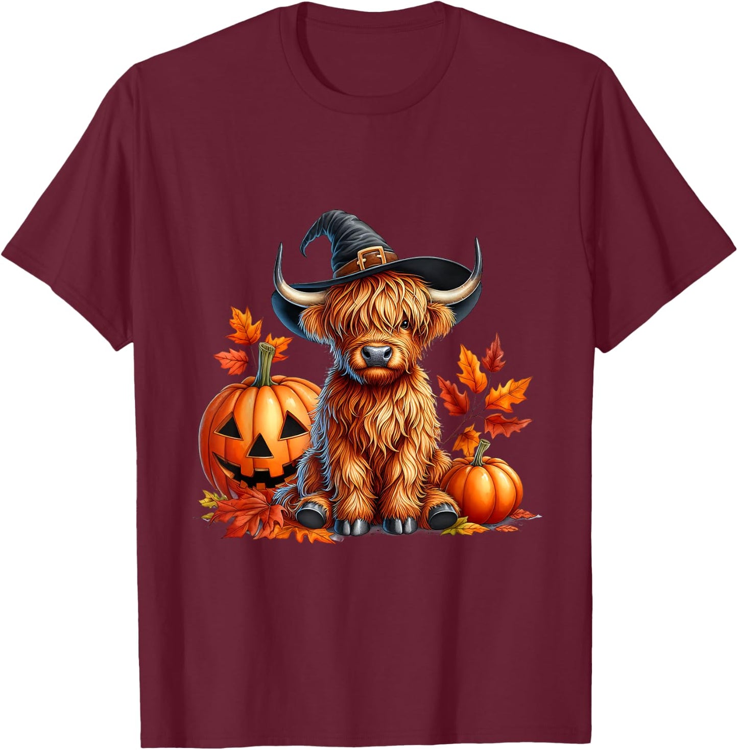 Witchy Cow Halloween Highland Cow Spooky Season Fall Autumn T-Shirt - T-Shirt | Maroon