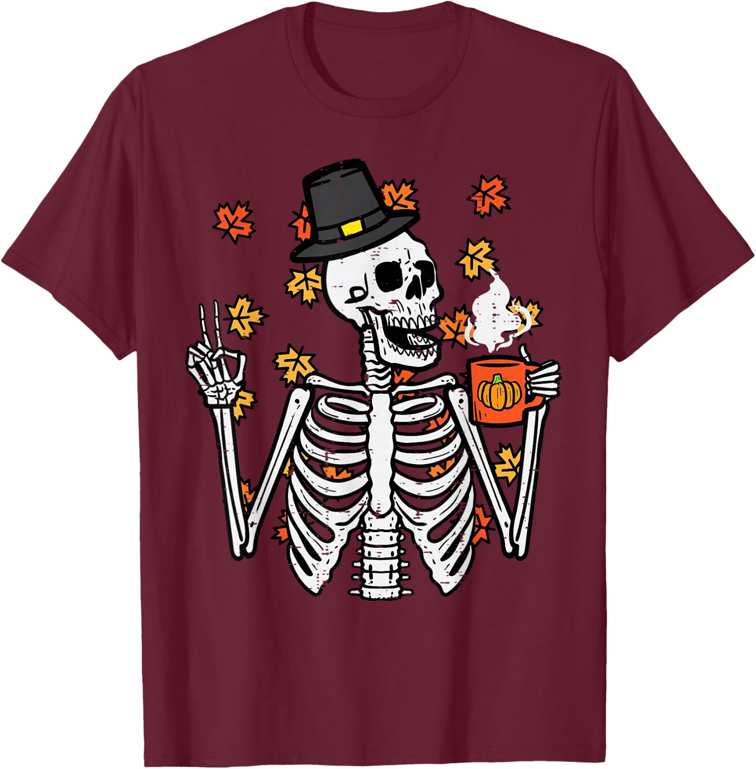 Thanksgiving Skeleton Peace Coffee Funny Fall Men Women Kids T-Shirt - T-Shirt | Maroon