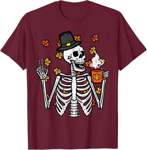 Thanksgiving Skeleton Peace Coffee Funny Fall Men Women Kids T-Shirt - T-Shirt | Maroon