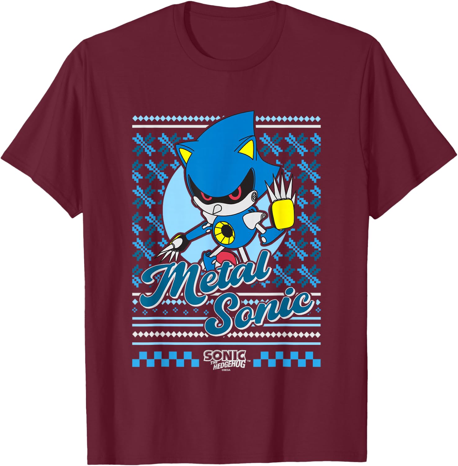 Sonic The Hedgehog Christmas Metal Sonic Ugly Sweater T-Shirt - T-Shirt | Maroon